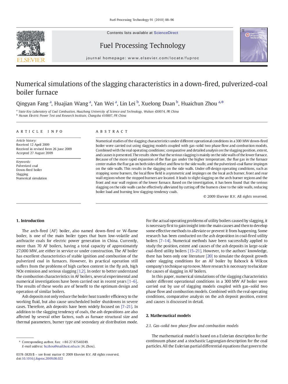 Numerical simulations of the slagging characteristics in a down-fired, pulverized-coal boiler furnace