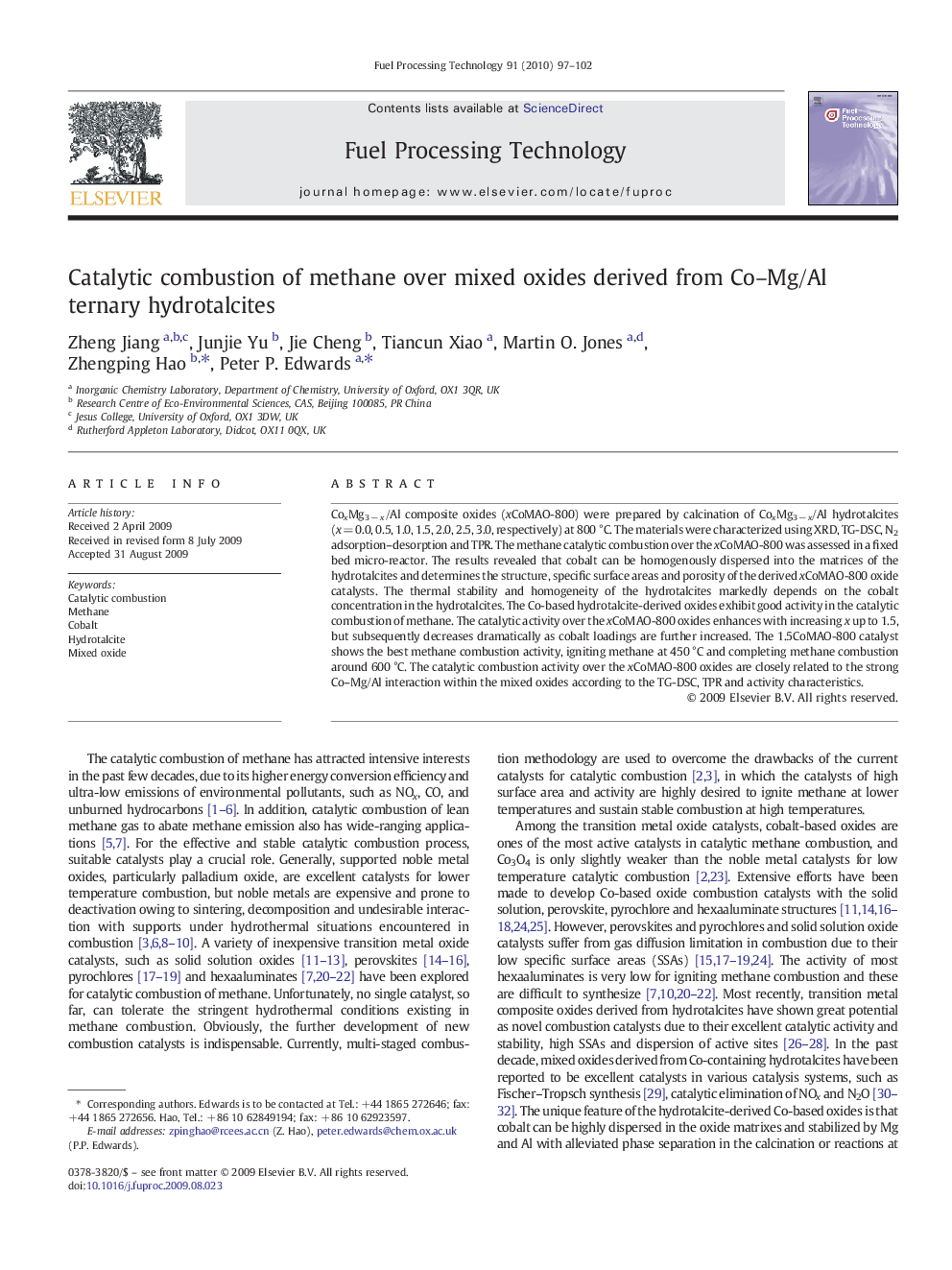 Catalytic combustion of methane over mixed oxides derived from Co–Mg/Al ternary hydrotalcites