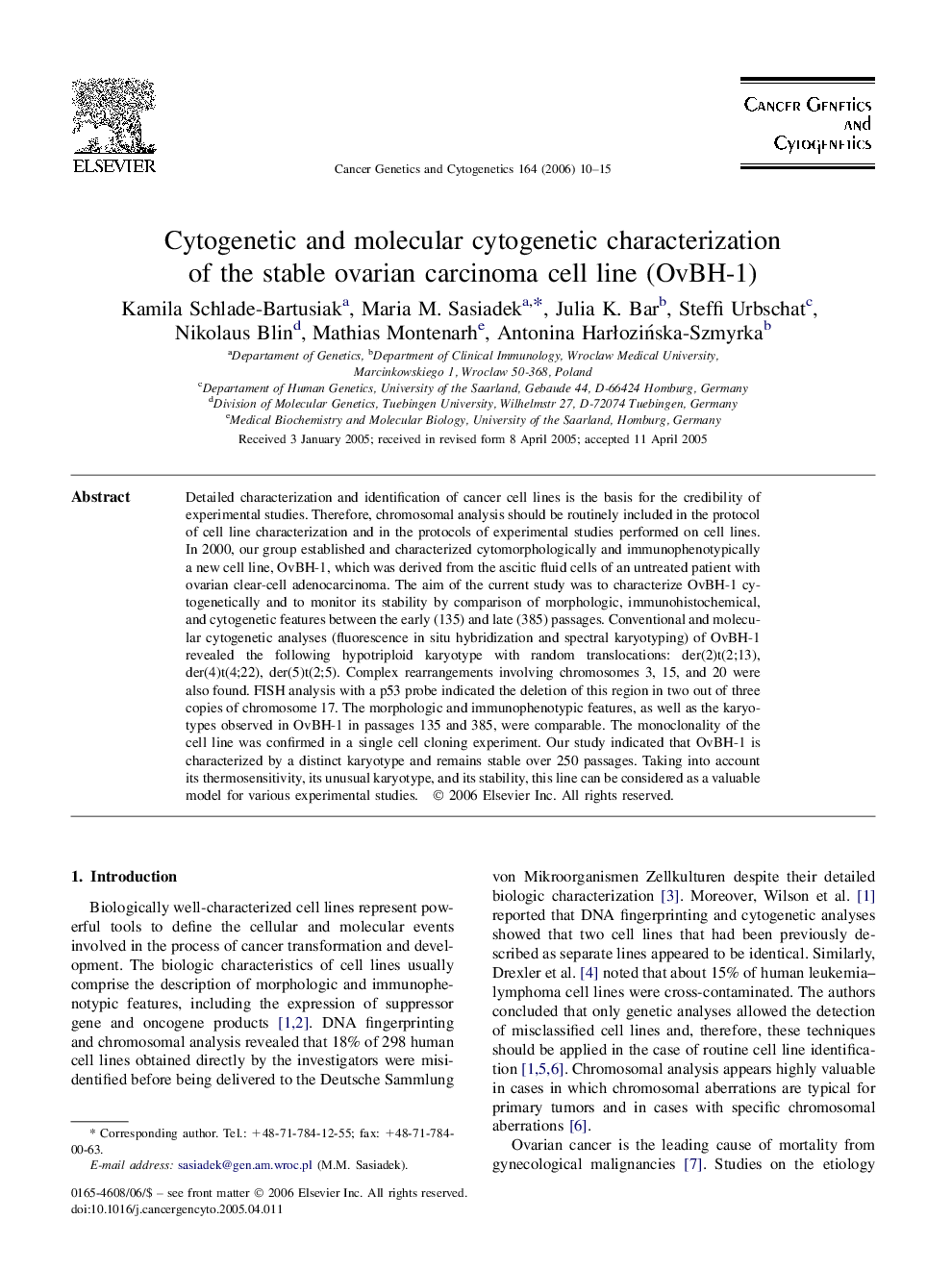 Cytogenetic and molecular cytogenetic characterization of the stable ovarian carcinoma cell line (OvBH-1)