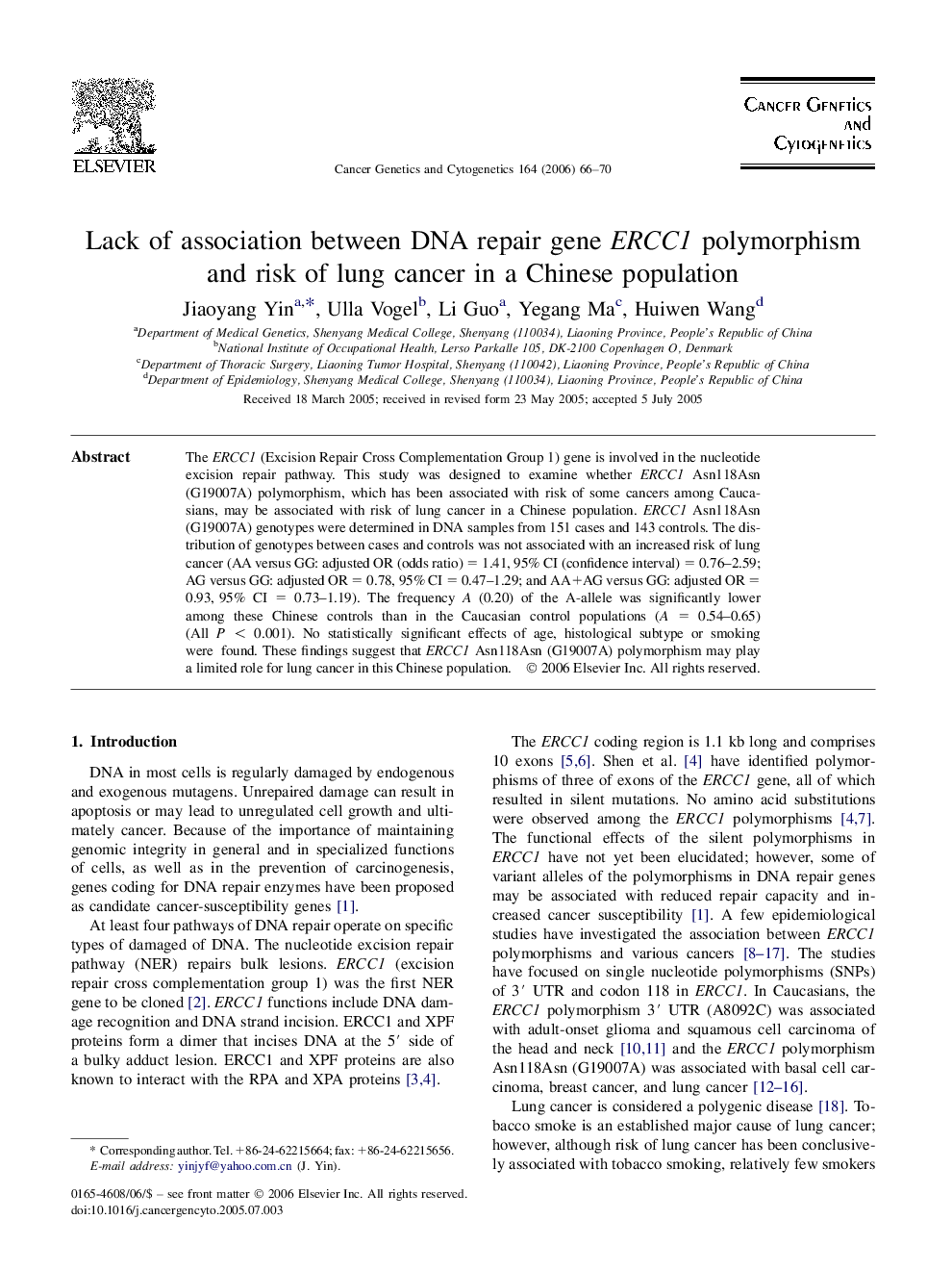 Lack of association between DNA repair gene ERCC1 polymorphism and risk of lung cancer in a Chinese population