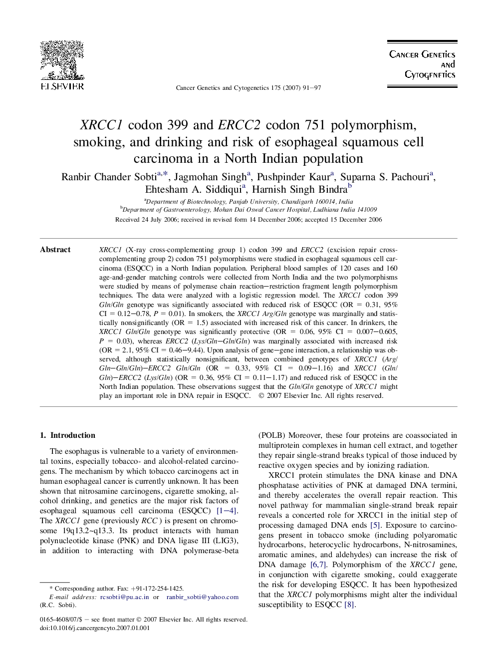 عکس صفحه اول مقاله: XRCC1 codon 399 and ERCC2 codon 751 polymorphism, smoking, and drinking and risk of esophageal squamous cell carcinoma in a North Indian population XRCC1 codon 399 and ERCC2 codon 751 polymorphism, smoking, and drinking and risk of esophageal squamous cell carcinoma in a North Indian population