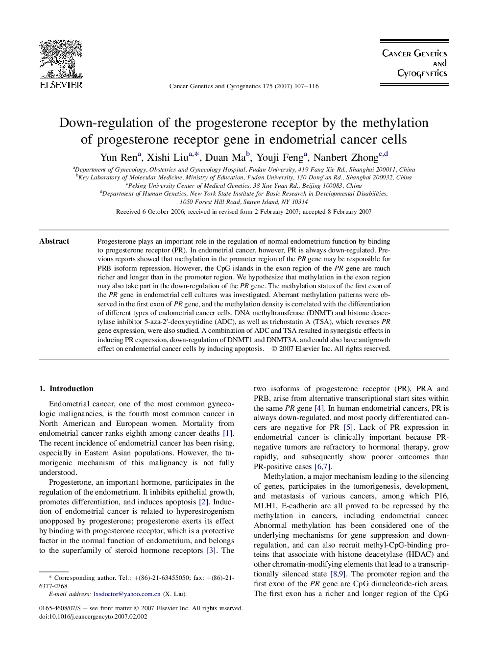 عکس صفحه اول مقاله: Down-regulation of the progesterone receptor by the methylation of progesterone receptor gene in endometrial cancer cells Down-regulation of the progesterone receptor by the methylation of progesterone receptor gene in endometrial cancer cells