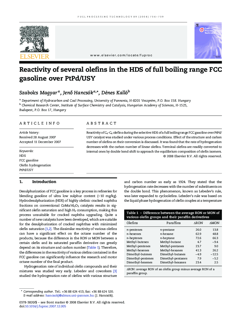 Reactivity of several olefins in the HDS of full boiling range FCC gasoline over PtPd/USY