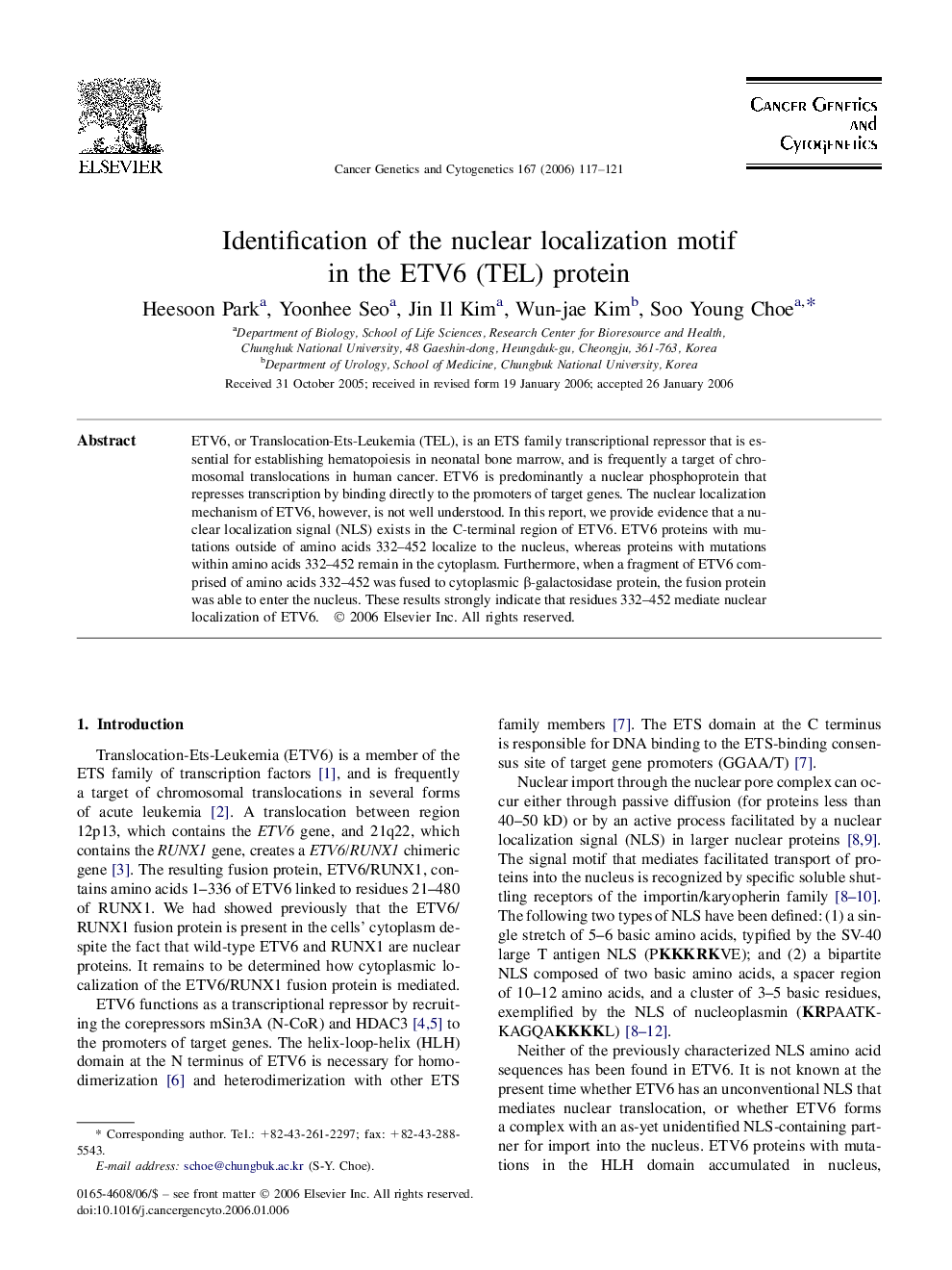 Identification of the nuclear localization motif in the ETV6 (TEL) protein