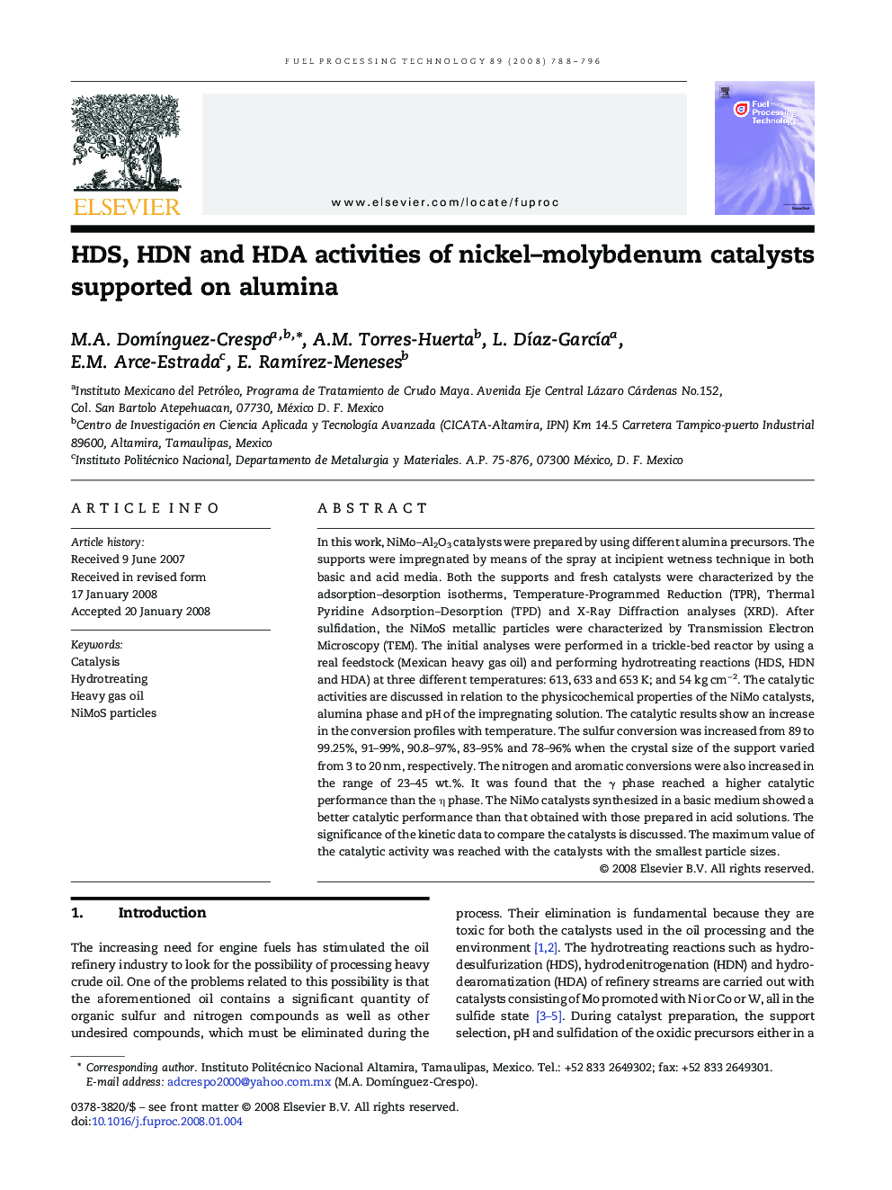 HDS, HDN and HDA activities of nickel–molybdenum catalysts supported on alumina