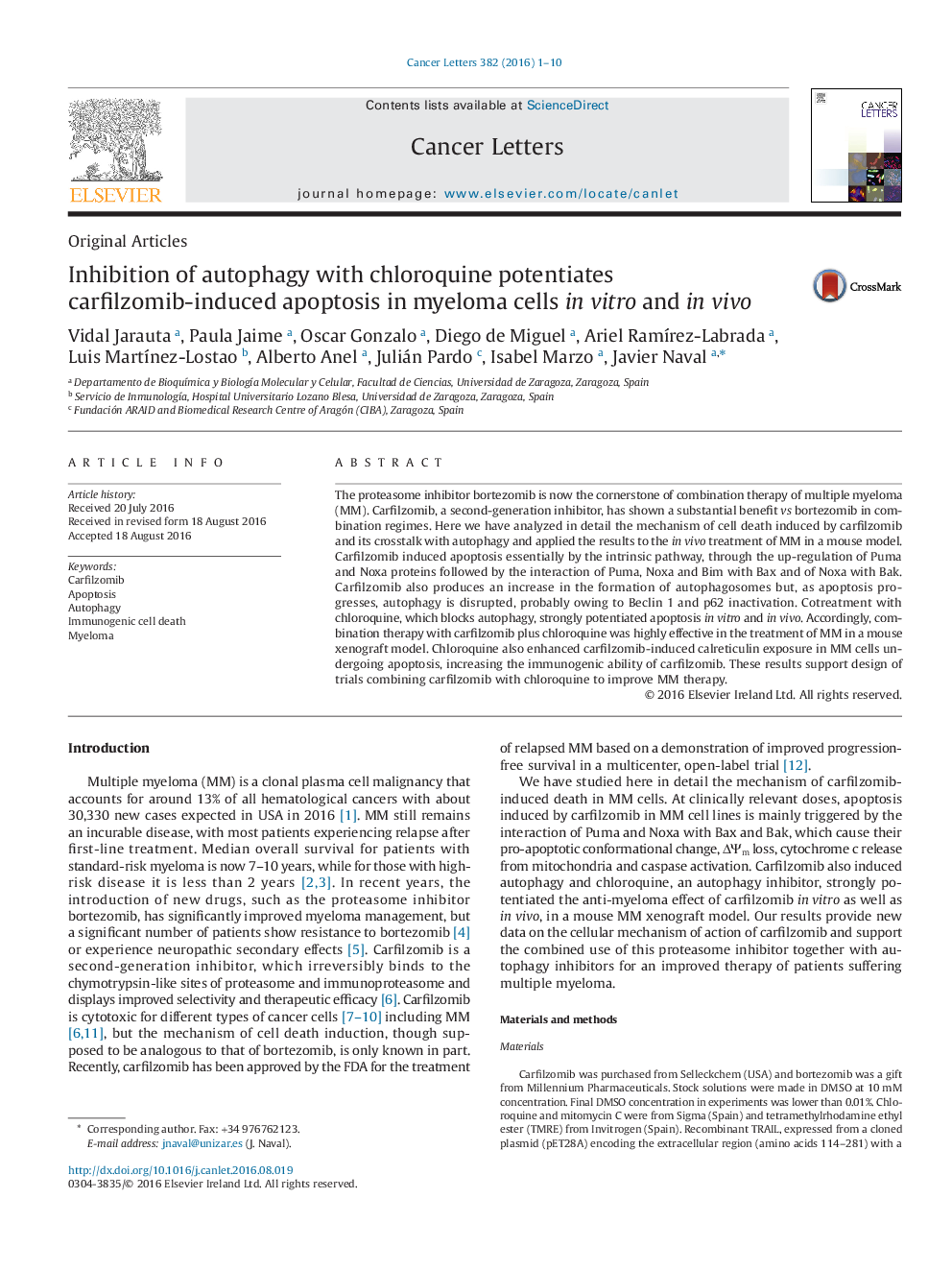 Inhibition of autophagy with chloroquine potentiates carfilzomib-induced apoptosis in myeloma cells in vitro and in vivo