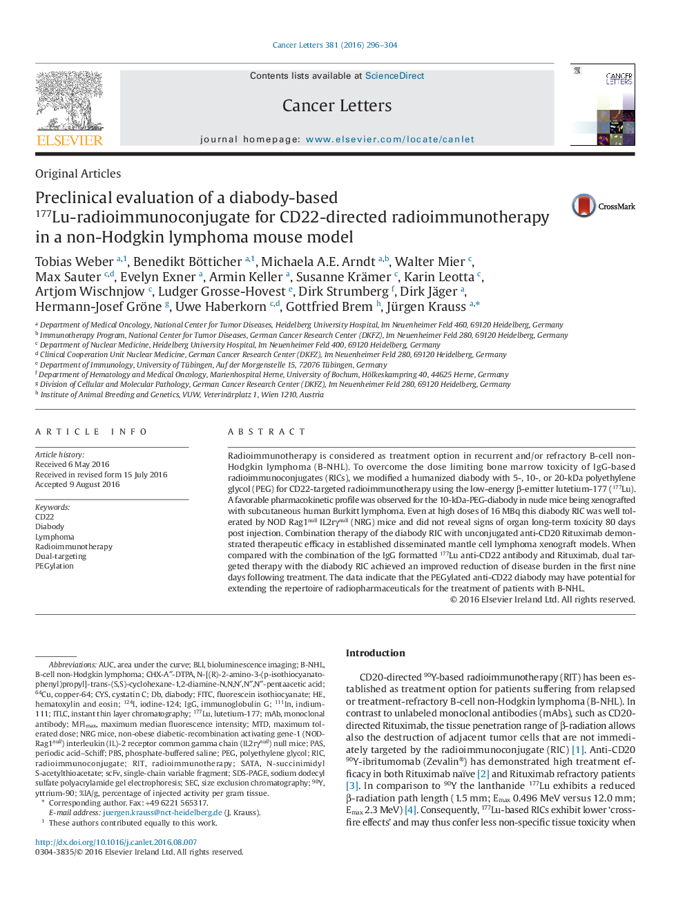 Preclinical evaluation of a diabody-based 177Lu-radioimmunoconjugate for CD22-directed radioimmunotherapy in a non-Hodgkin lymphoma mouse model