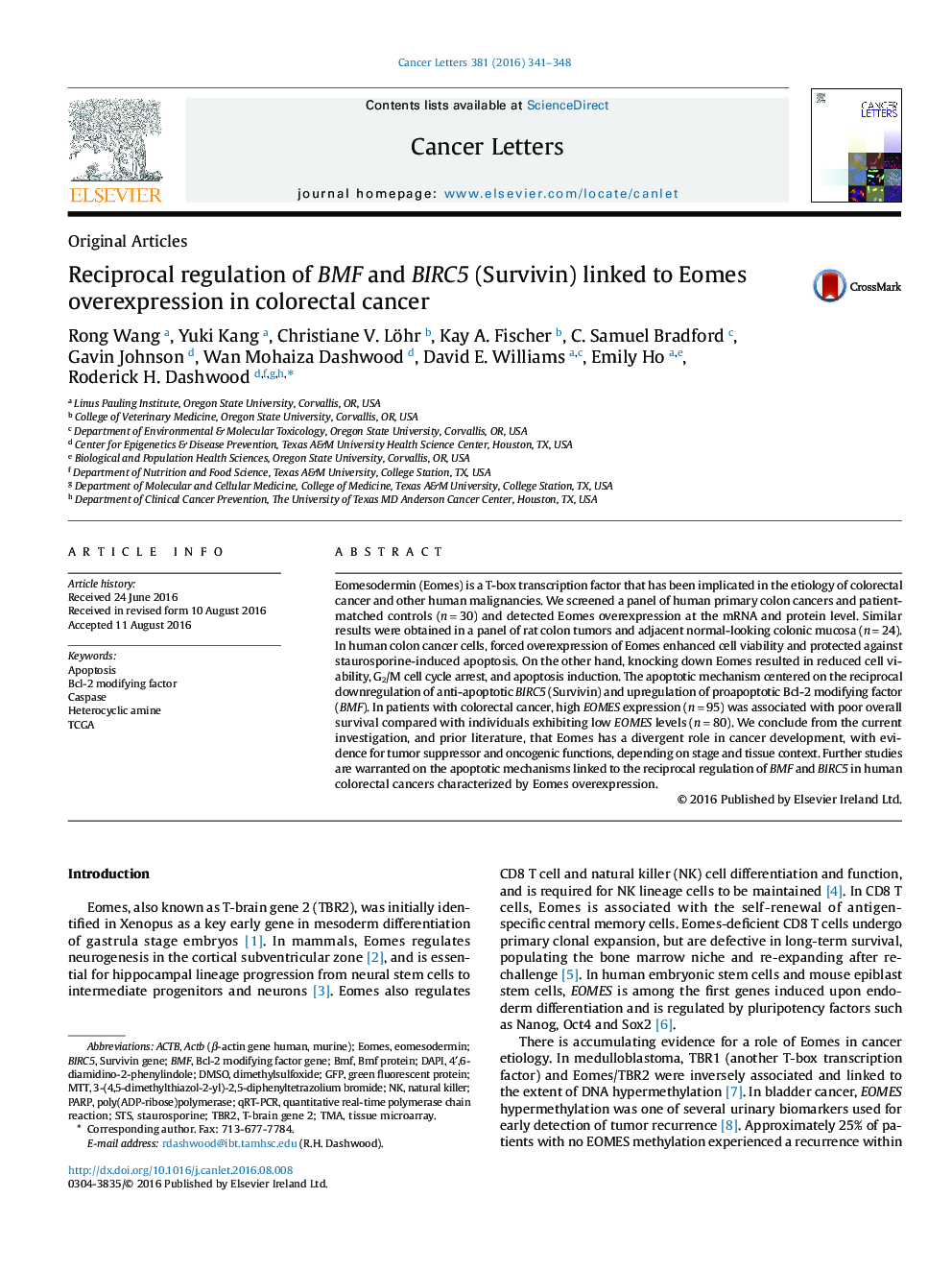 Reciprocal regulation of BMF and BIRC5 (Survivin) linked to Eomes overexpression in colorectal cancer