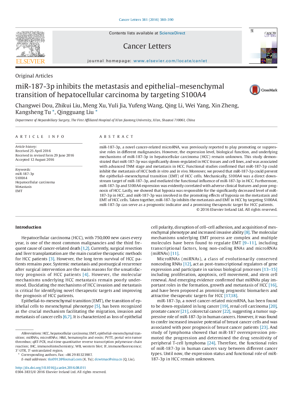 عکس صفحه اول مقاله: miR-187-3p inhibits the metastasis and epithelial–mesenchymal transition of hepatocellular carcinoma by targeting S100A4 miR-187-3p inhibits the metastasis and epithelial–mesenchymal transition of hepatocellular carcinoma by targeting S100A4