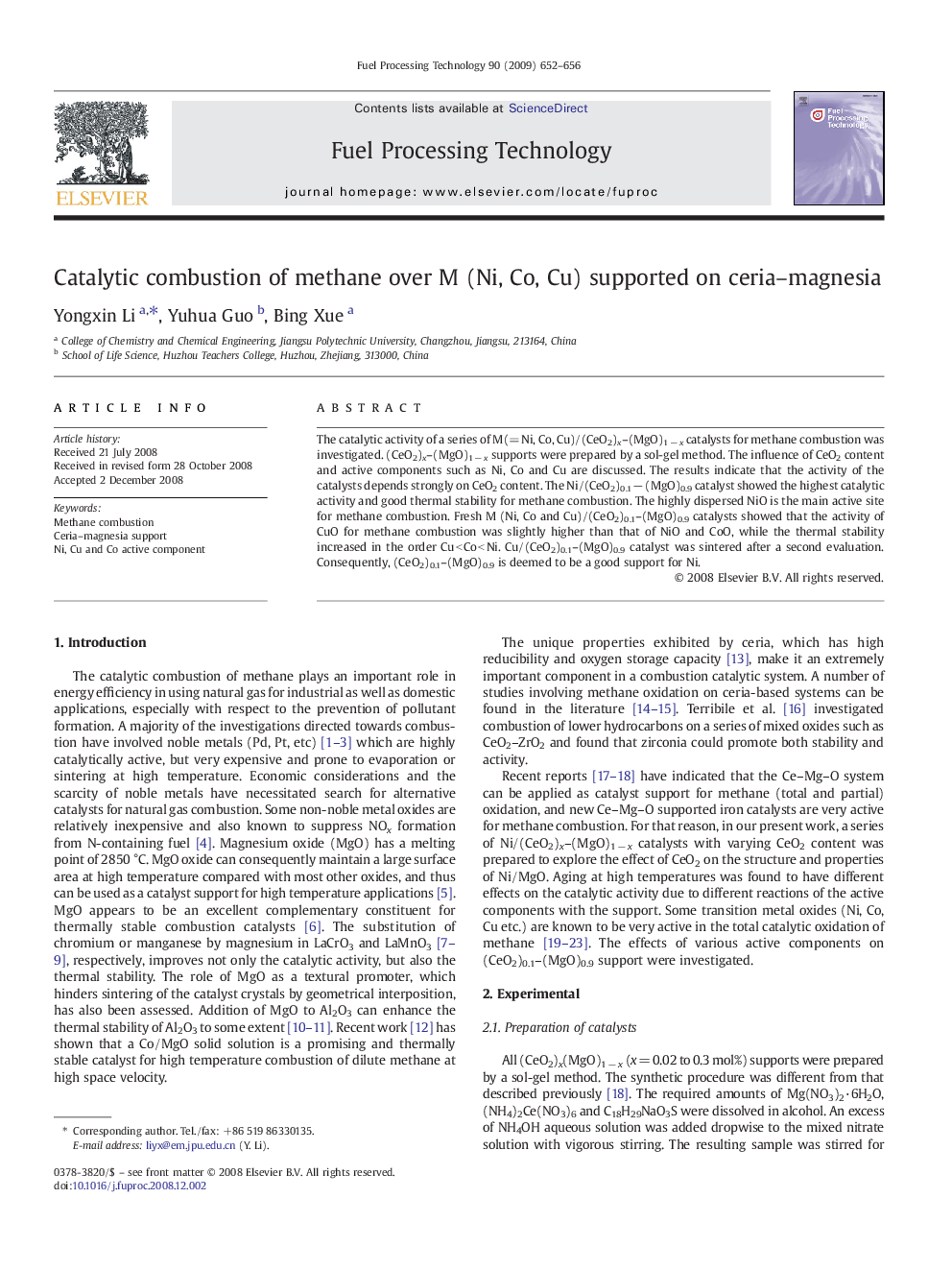 Catalytic combustion of methane over M (Ni, Co, Cu) supported on ceria–magnesia