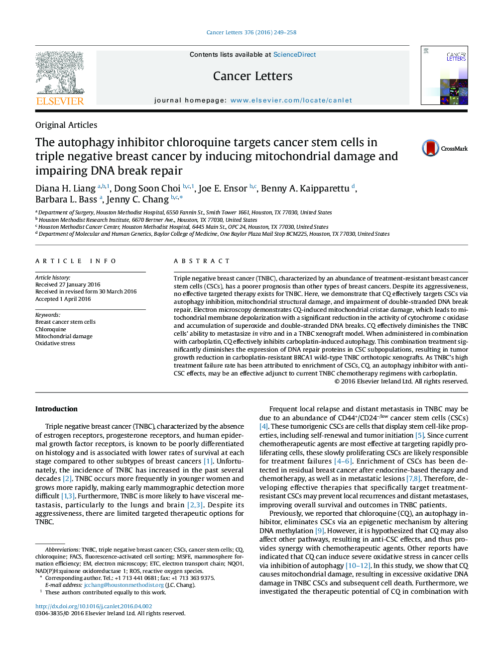 The autophagy inhibitor chloroquine targets cancer stem cells in triple negative breast cancer by inducing mitochondrial damage and impairing DNA break repair