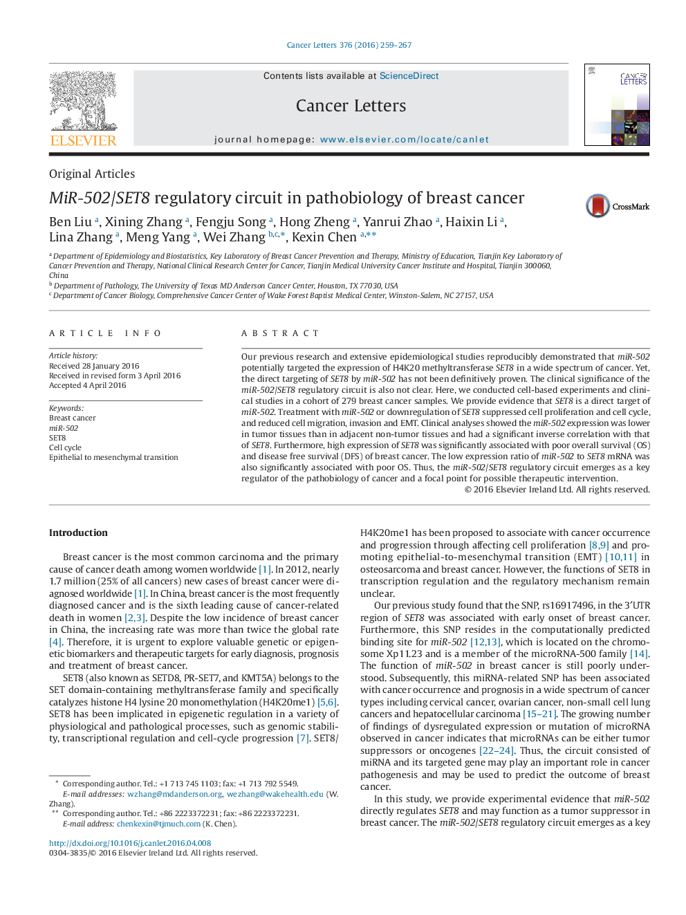 MiR-502/SET8 regulatory circuit in pathobiology of breast cancer