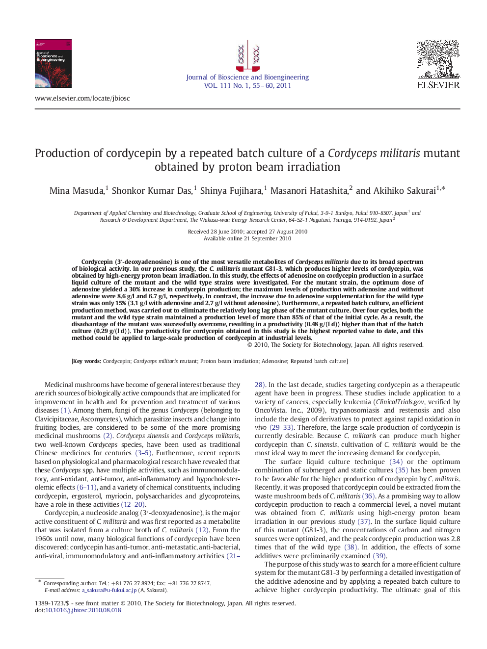 Production of cordycepin by a repeated batch culture of a Cordyceps militaris mutant obtained by proton beam irradiation