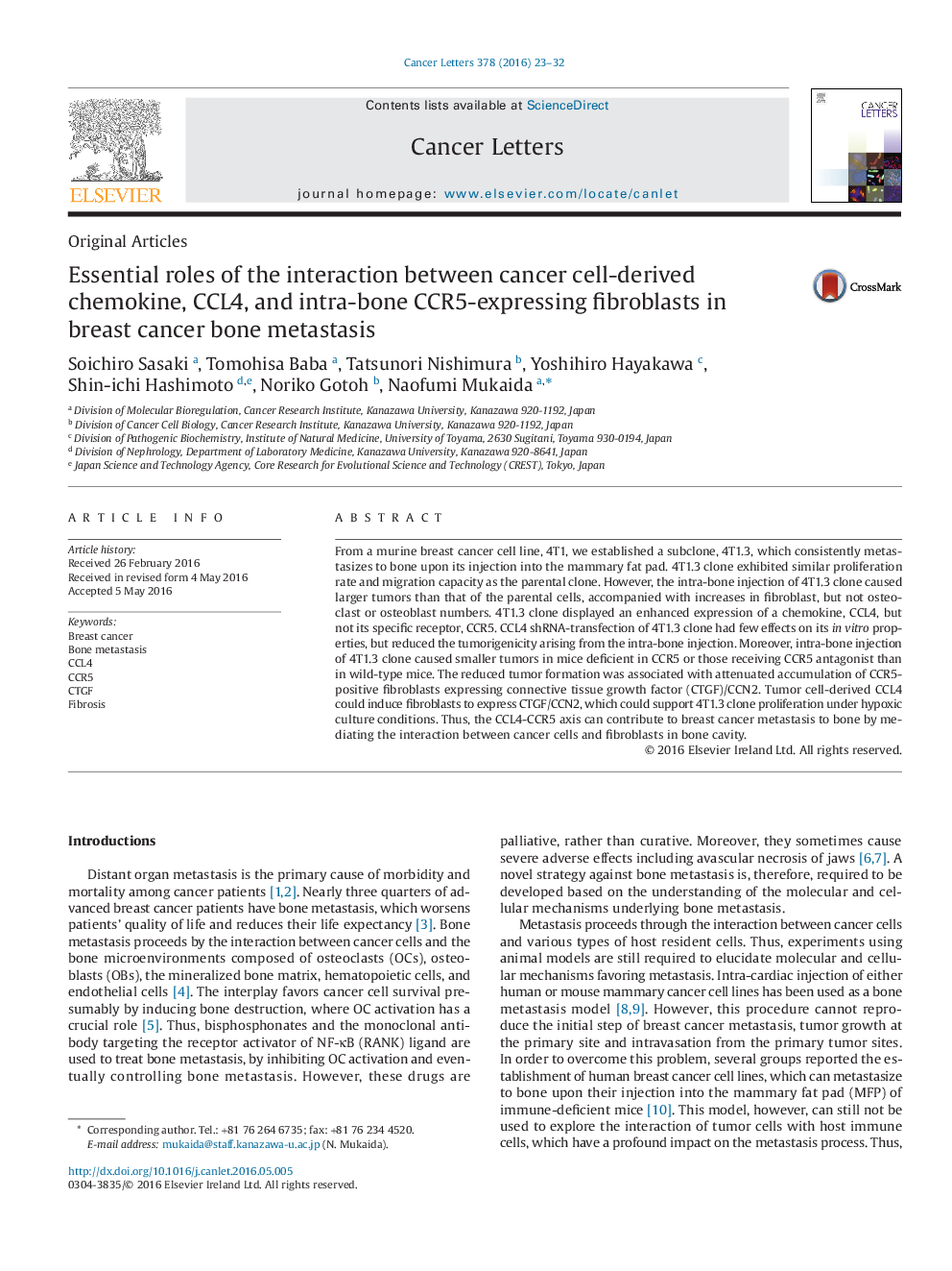 Essential roles of the interaction between cancer cell-derived chemokine, CCL4, and intra-bone CCR5-expressing fibroblasts in breast cancer bone metastasis