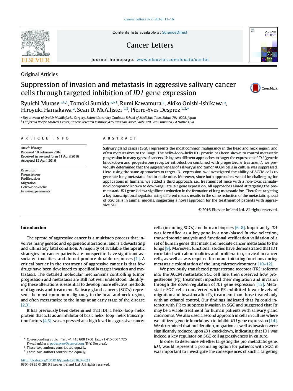 Suppression of invasion and metastasis in aggressive salivary cancer cells through targeted inhibition of ID1 gene expression