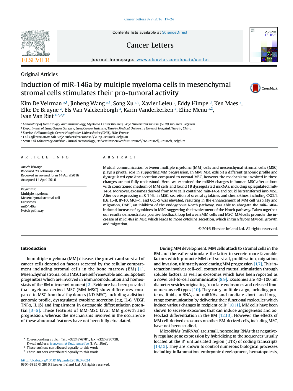 Induction of miR-146a by multiple myeloma cells in mesenchymal stromal cells stimulates their pro-tumoral activity