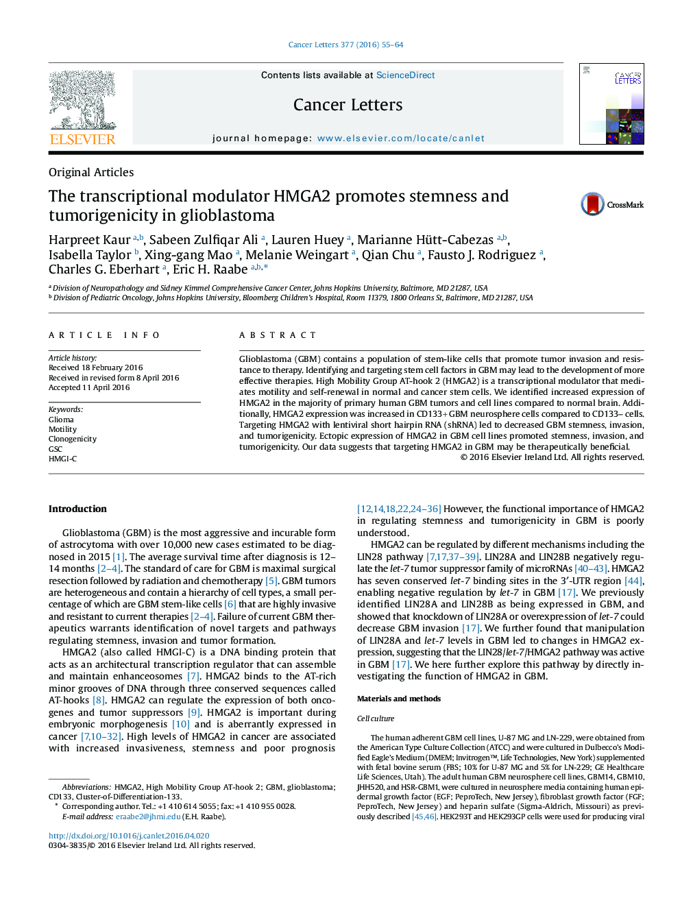 The transcriptional modulator HMGA2 promotes stemness and tumorigenicity in glioblastoma