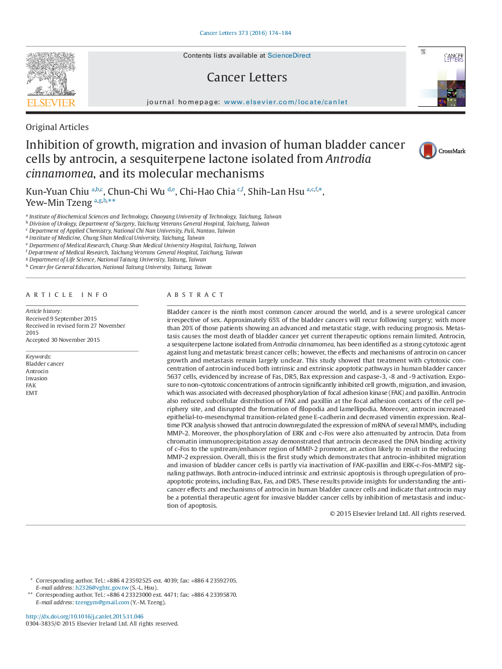 Inhibition of growth, migration and invasion of human bladder cancer cells by antrocin, a sesquiterpene lactone isolated from Antrodia cinnamomea, and its molecular mechanisms