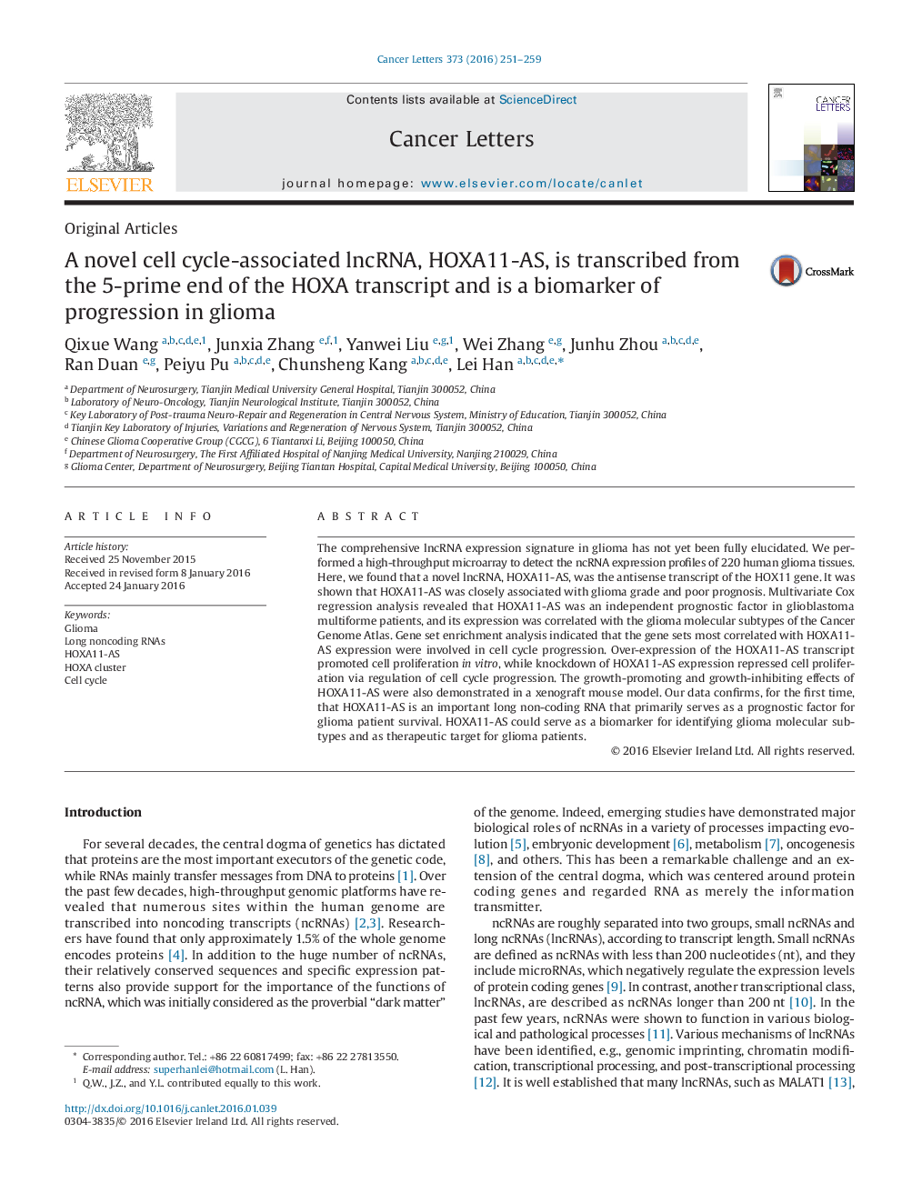 A novel cell cycle-associated lncRNA, HOXA11-AS, is transcribed from the 5-prime end of the HOXA transcript and is a biomarker of progression in glioma