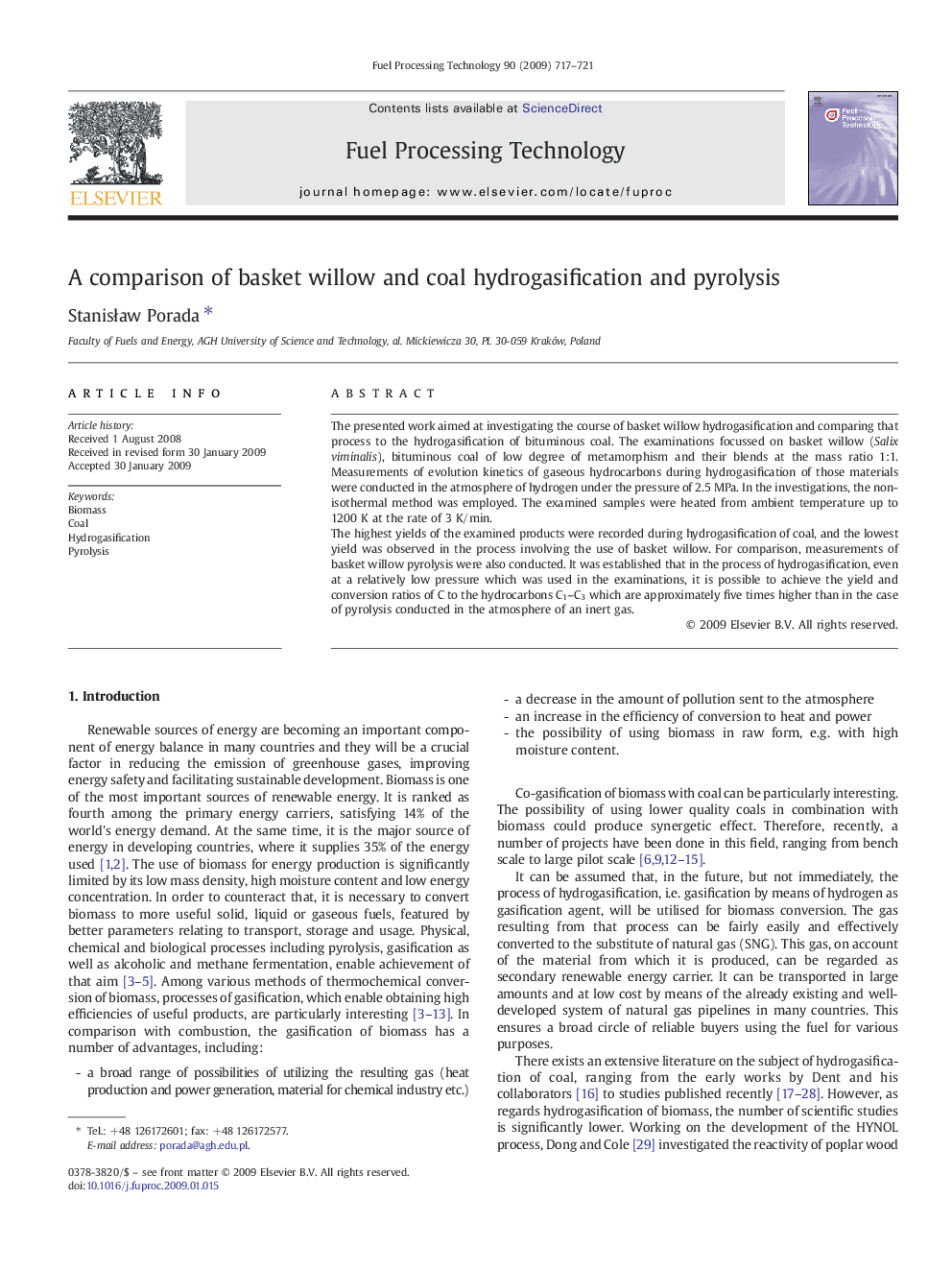 A comparison of basket willow and coal hydrogasification and pyrolysis