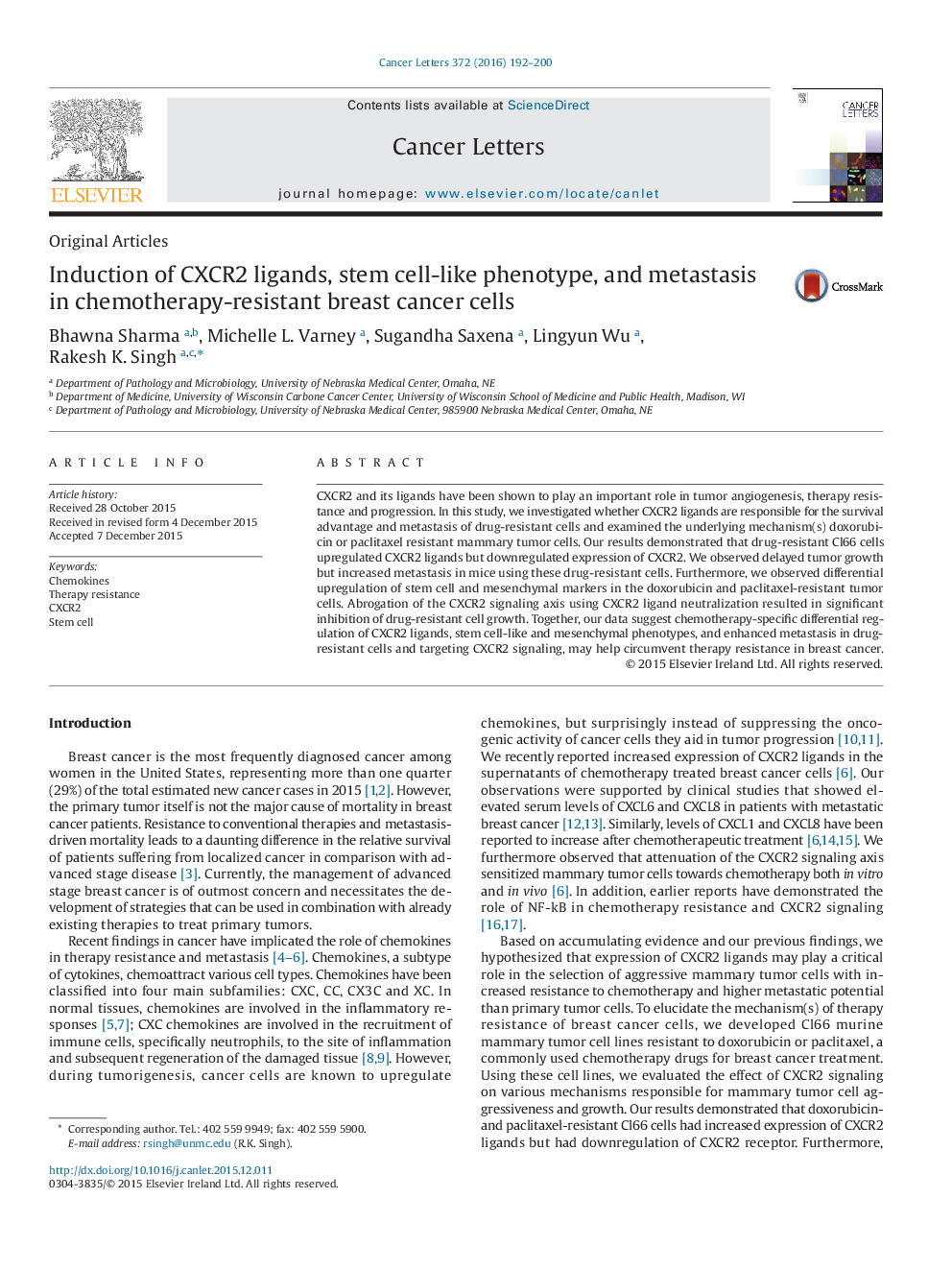 Induction of CXCR2 ligands, stem cell-like phenotype, and metastasis in chemotherapy-resistant breast cancer cells