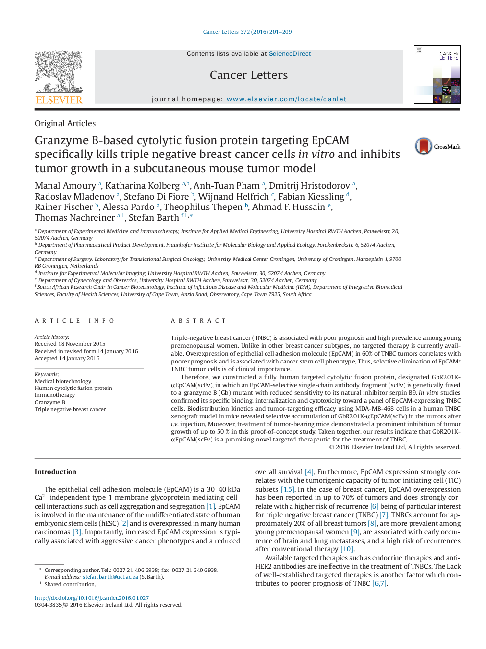 Granzyme B-based cytolytic fusion protein targeting EpCAM specifically kills triple negative breast cancer cells in vitro and inhibits tumor growth in a subcutaneous mouse tumor model