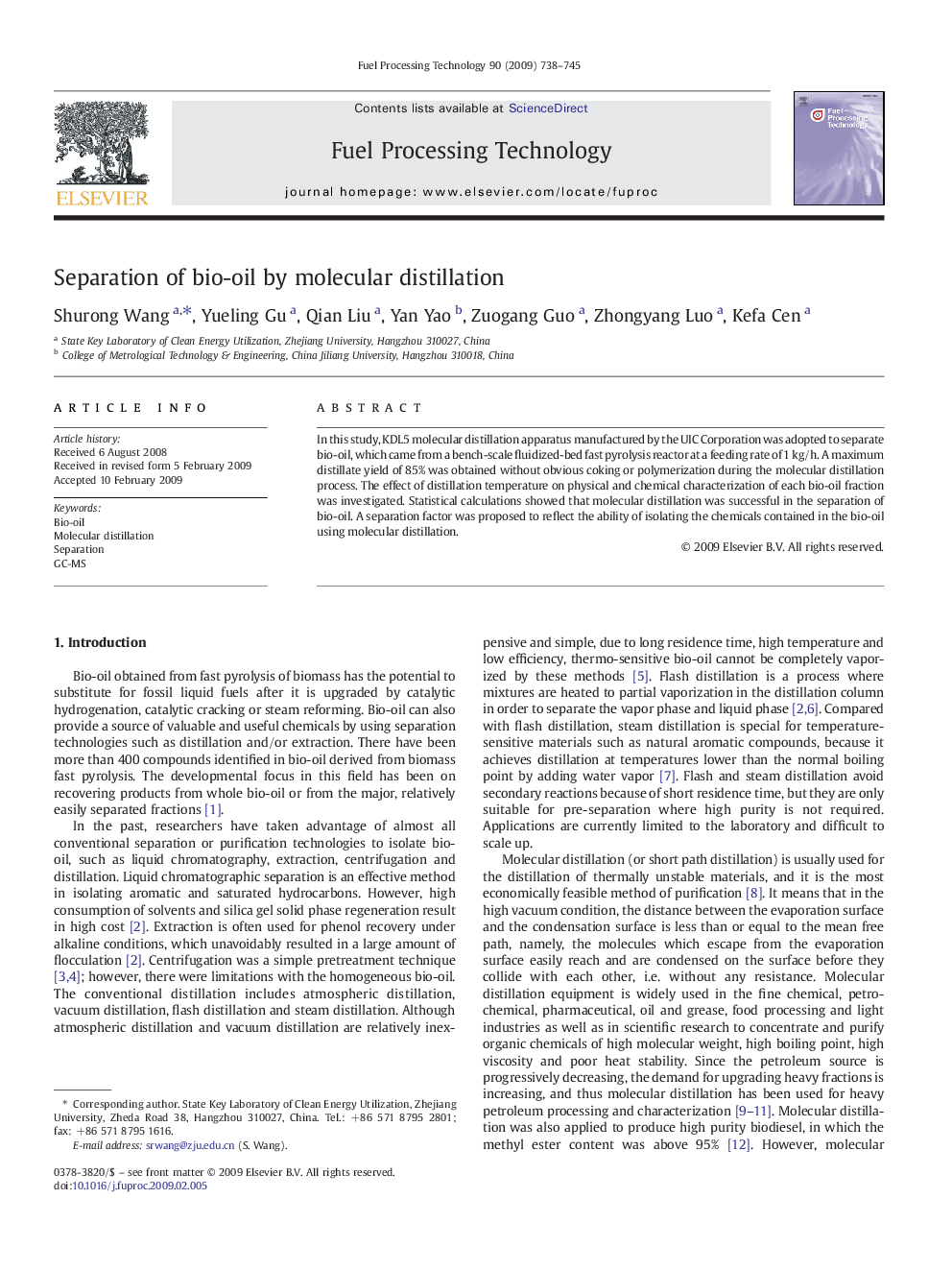 Separation of bio-oil by molecular distillation