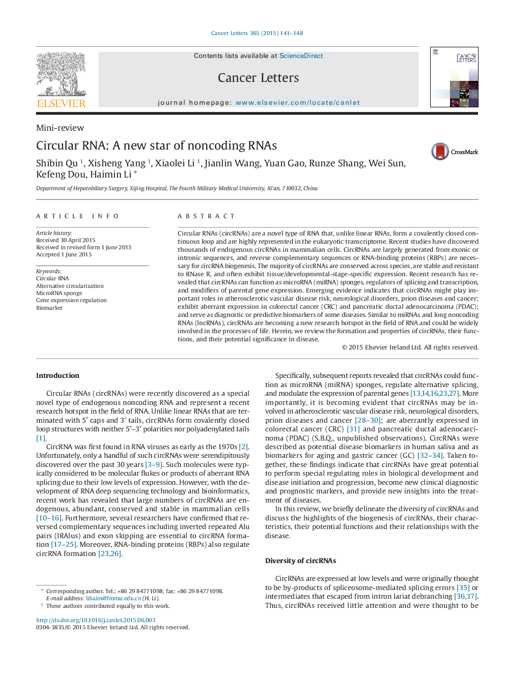 Circular RNA: A new star of noncoding RNAs