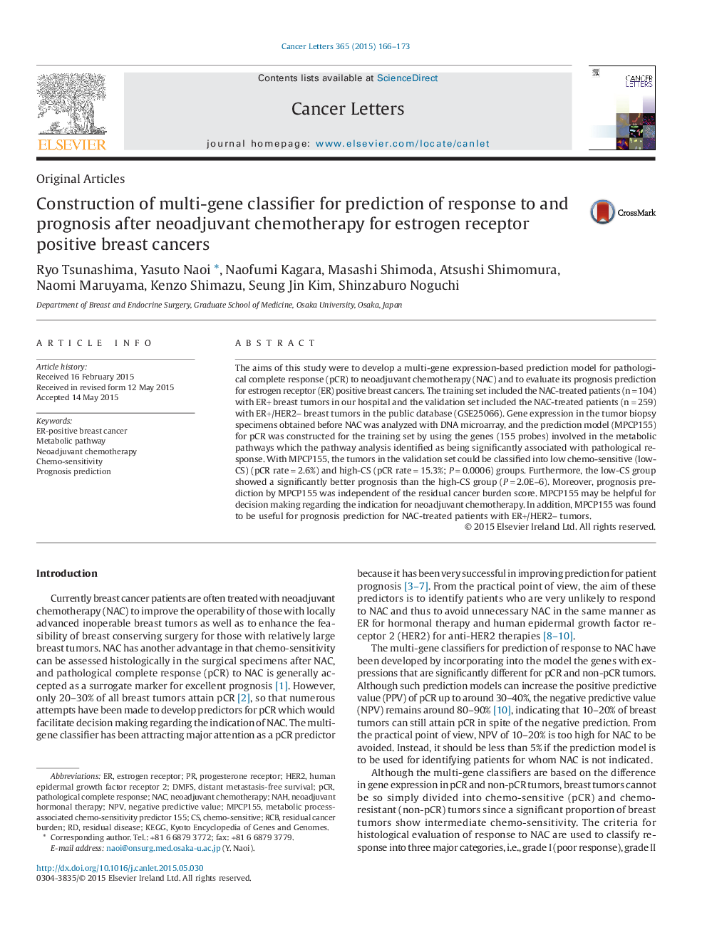 Construction of multi-gene classifier for prediction of response to and prognosis after neoadjuvant chemotherapy for estrogen receptor positive breast cancers