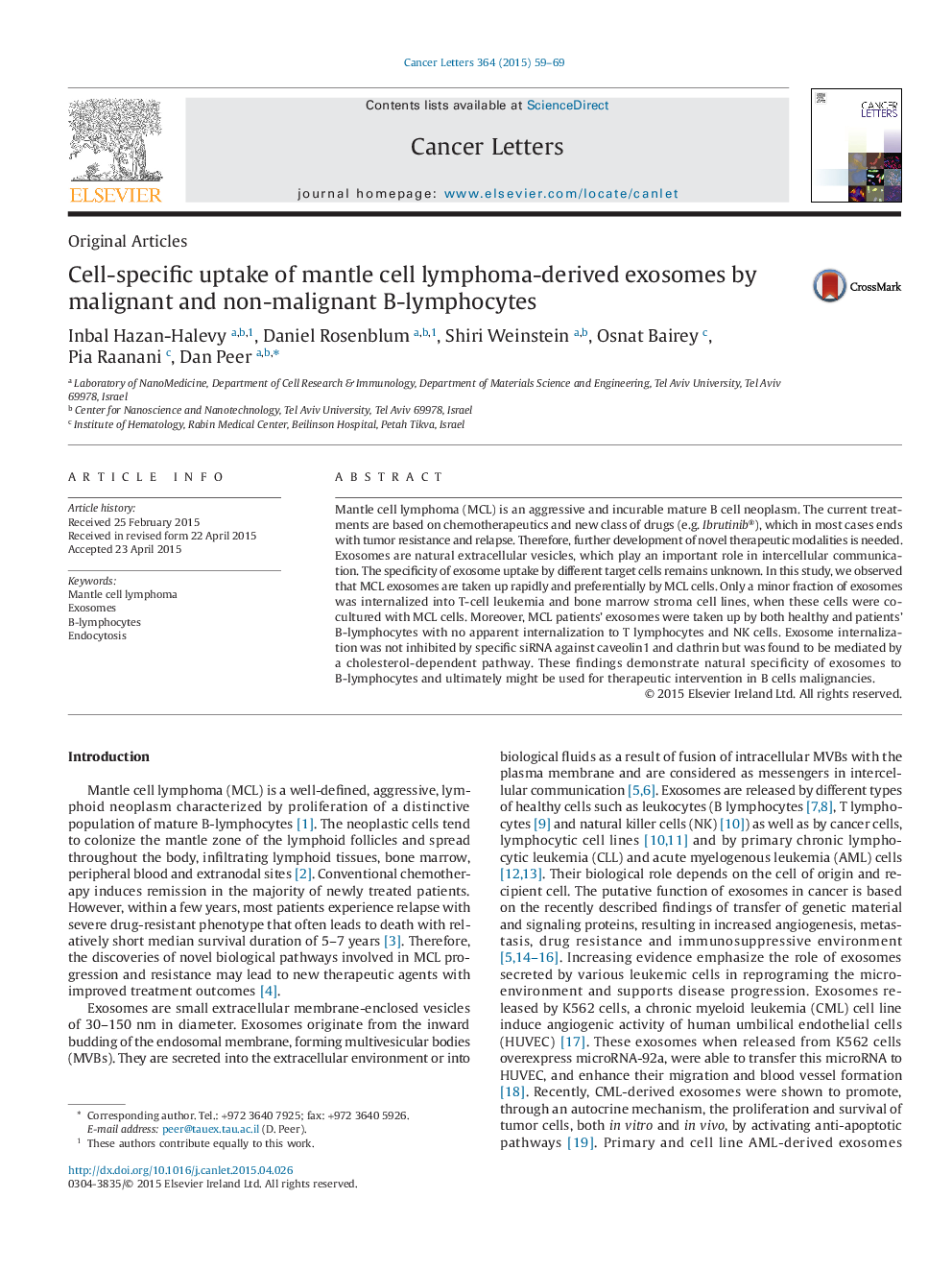 Cell-specific uptake of mantle cell lymphoma-derived exosomes by malignant and non-malignant B-lymphocytes