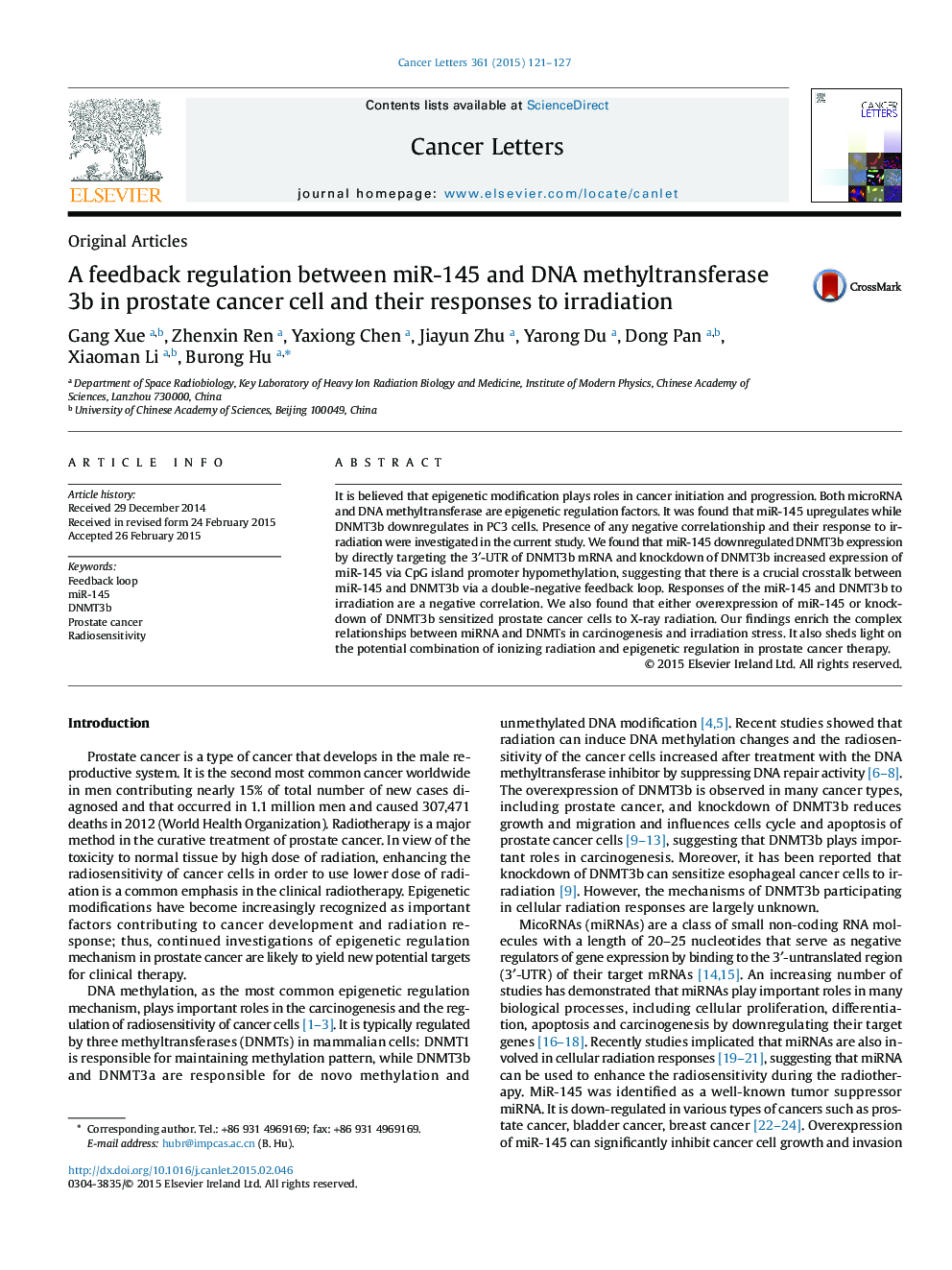 A feedback regulation between miR-145 and DNA methyltransferase 3b in prostate cancer cell and their responses to irradiation