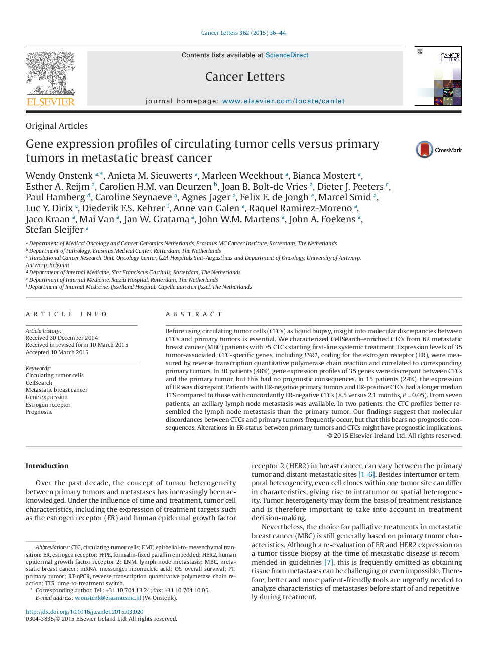 Gene expression profiles of circulating tumor cells versus primary tumors in metastatic breast cancer