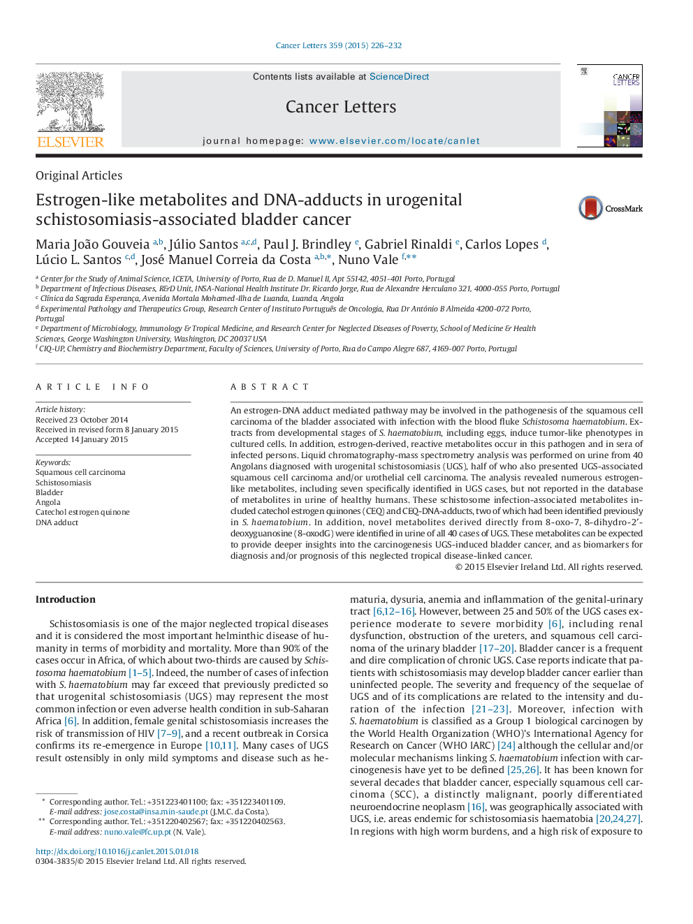 Estrogen-like metabolites and DNA-adducts in urogenital schistosomiasis-associated bladder cancer