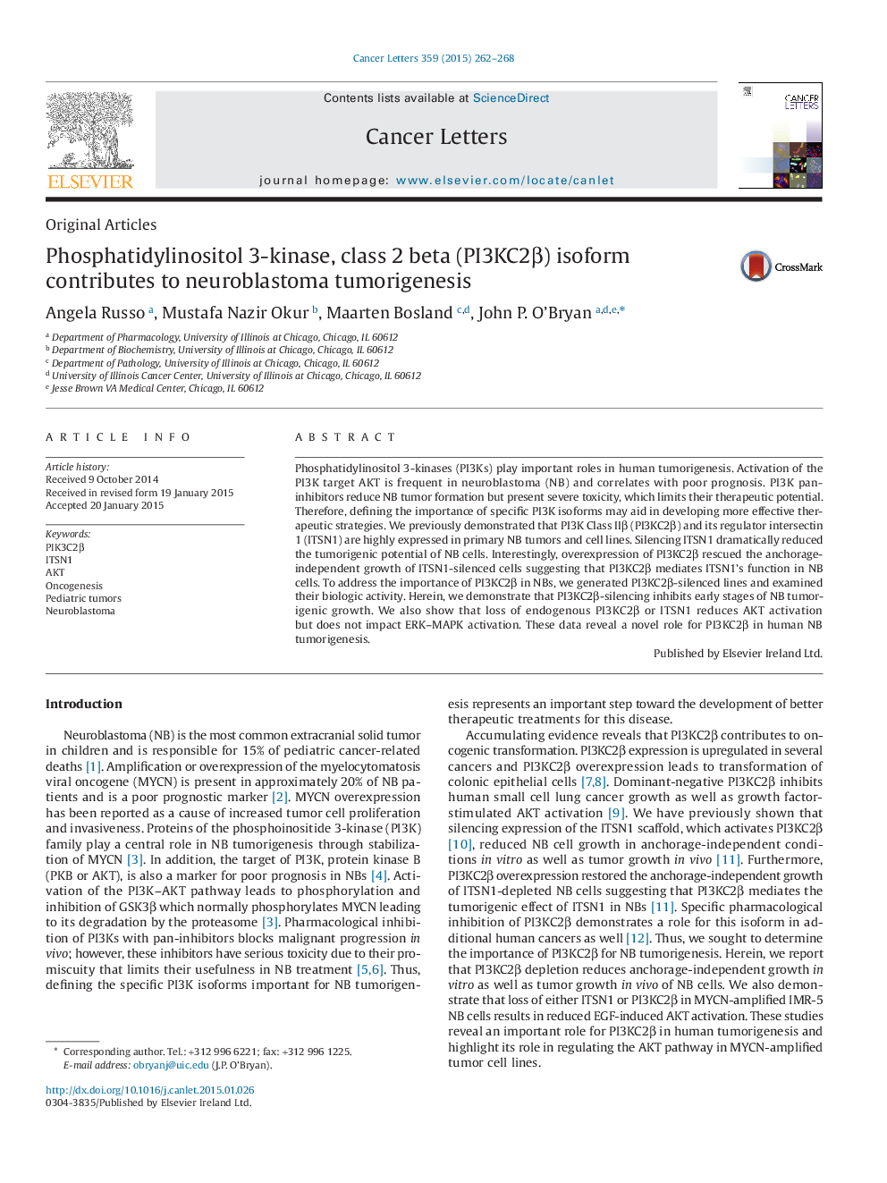 Phosphatidylinositol 3-kinase, class 2 beta (PI3KC2β) isoform contributes to neuroblastoma tumorigenesis