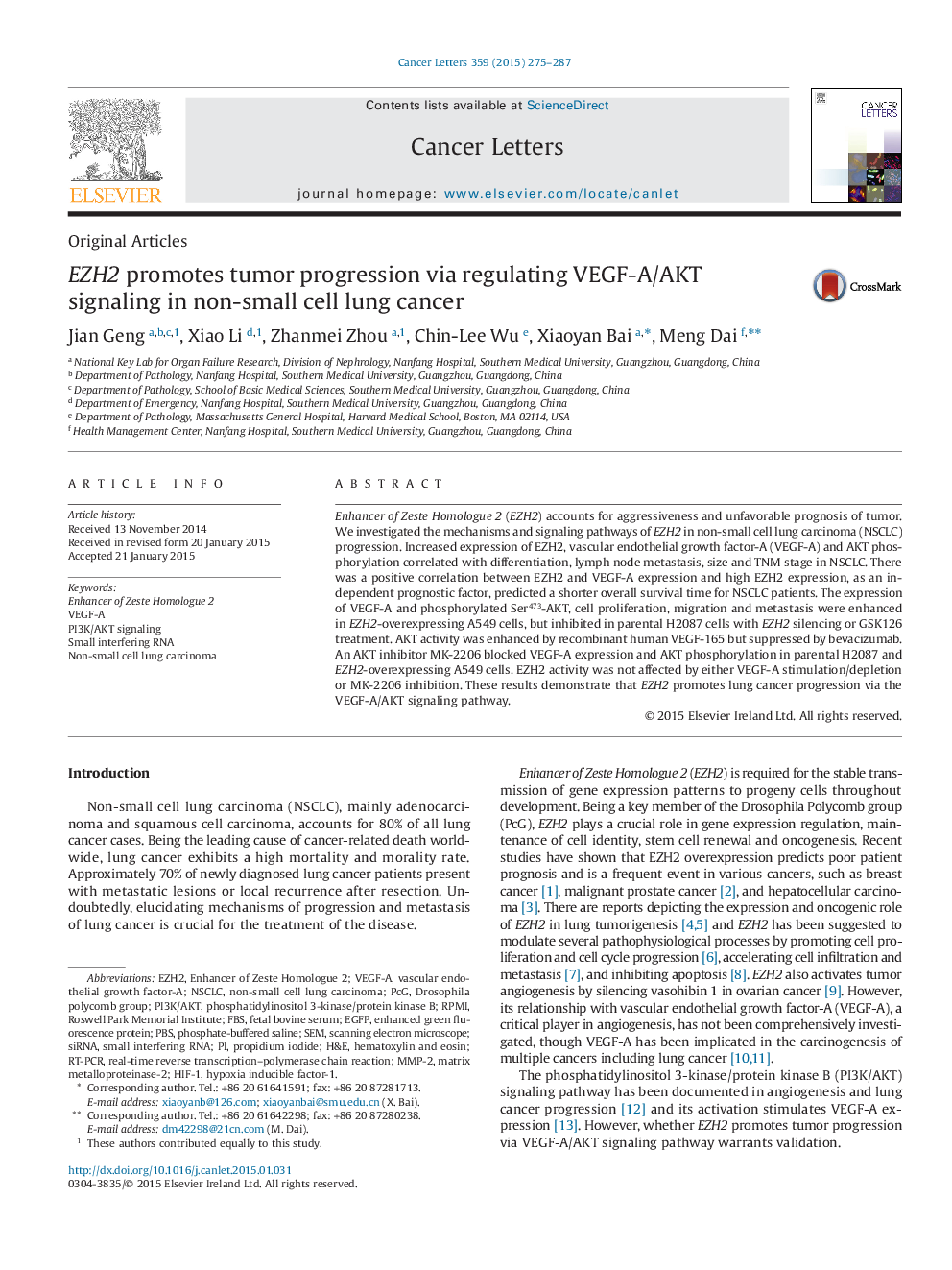 EZH2 promotes tumor progression via regulating VEGF-A/AKT signaling in non-small cell lung cancer