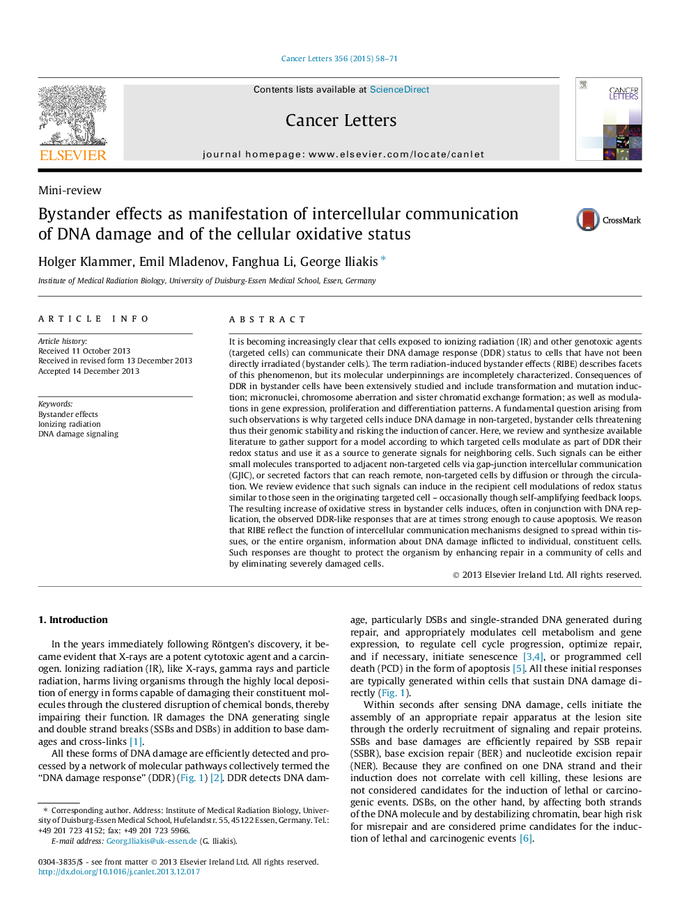 Bystander effects as manifestation of intercellular communication of DNA damage and of the cellular oxidative status