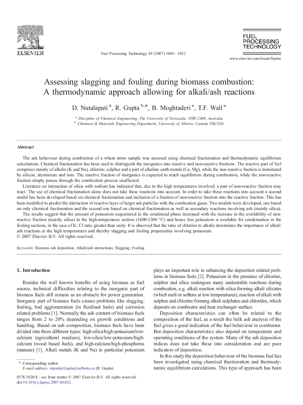 Assessing slagging and fouling during biomass combustion: A thermodynamic approach allowing for alkali/ash reactions