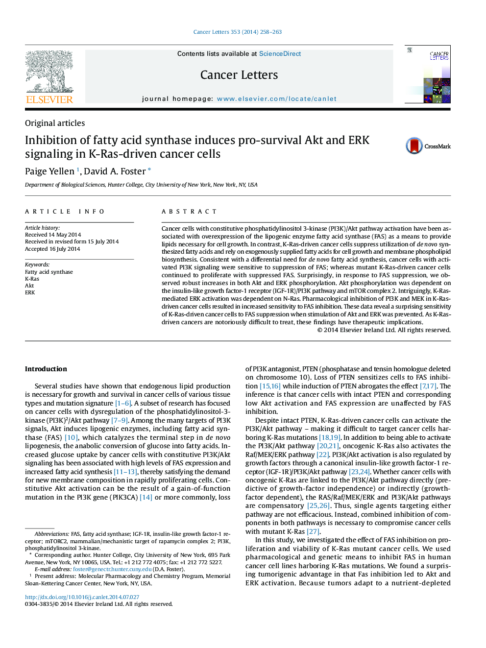 Inhibition of fatty acid synthase induces pro-survival Akt and ERK signaling in K-Ras-driven cancer cells