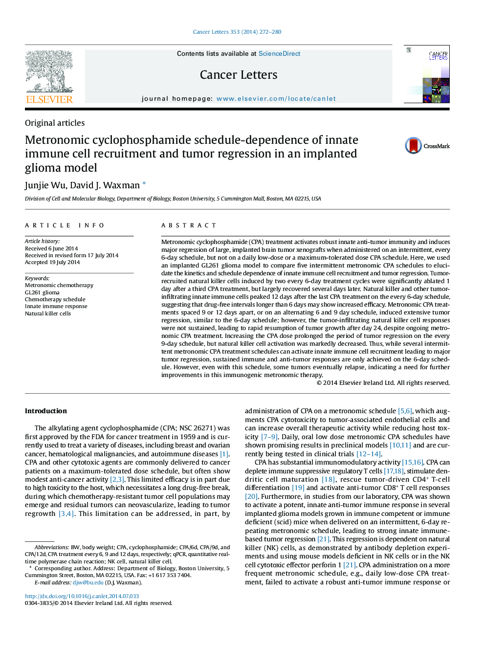 Metronomic cyclophosphamide schedule-dependence of innate immune cell recruitment and tumor regression in an implanted glioma model