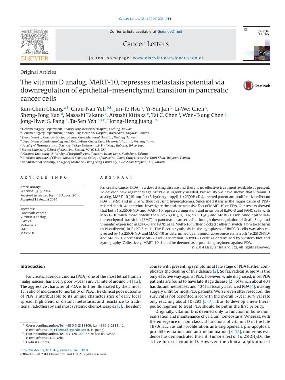 The vitamin D analog, MART-10, represses metastasis potential via downregulation of epithelial–mesenchymal transition in pancreatic cancer cells