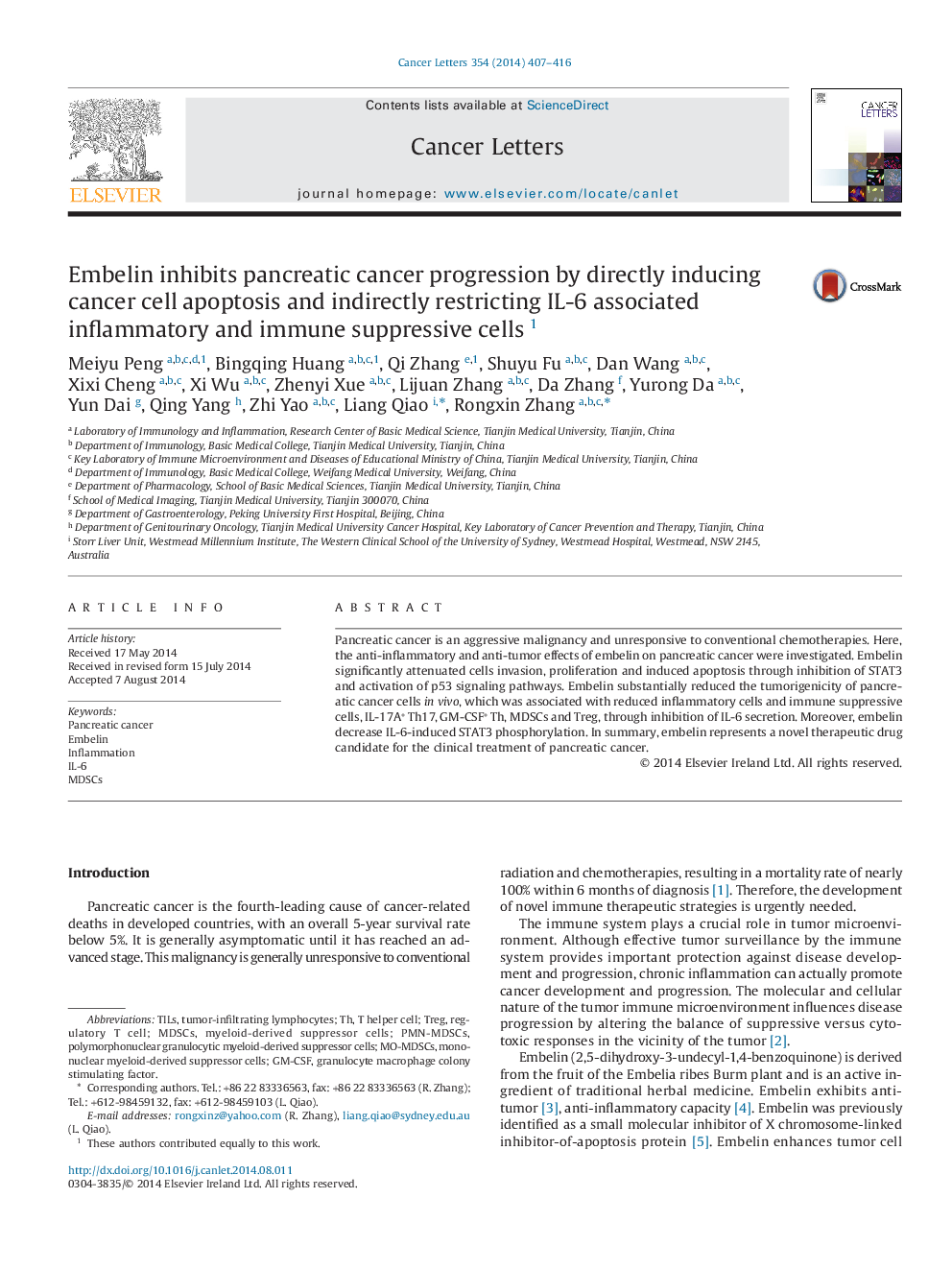 Embelin inhibits pancreatic cancer progression by directly inducing cancer cell apoptosis and indirectly restricting IL-6 associated inflammatory and immune suppressive cells1