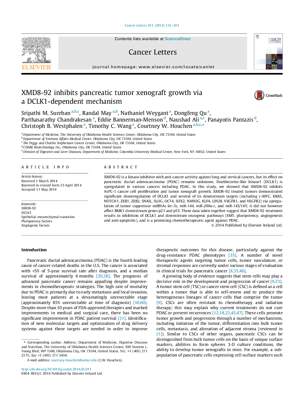 XMD8-92 inhibits pancreatic tumor xenograft growth via a DCLK1-dependent mechanism