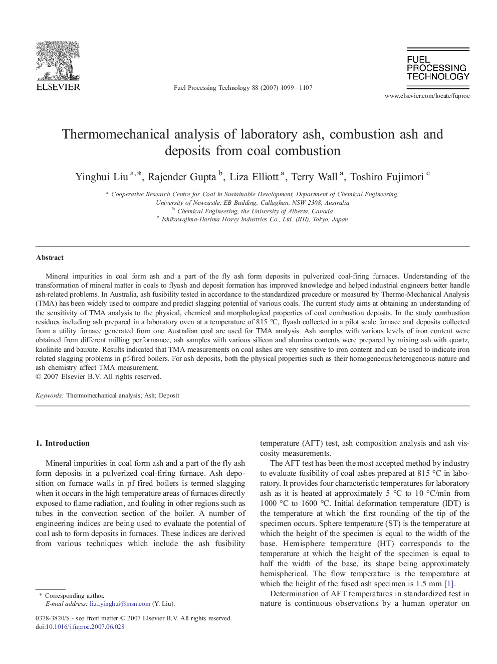 Thermomechanical analysis of laboratory ash, combustion ash and deposits from coal combustion