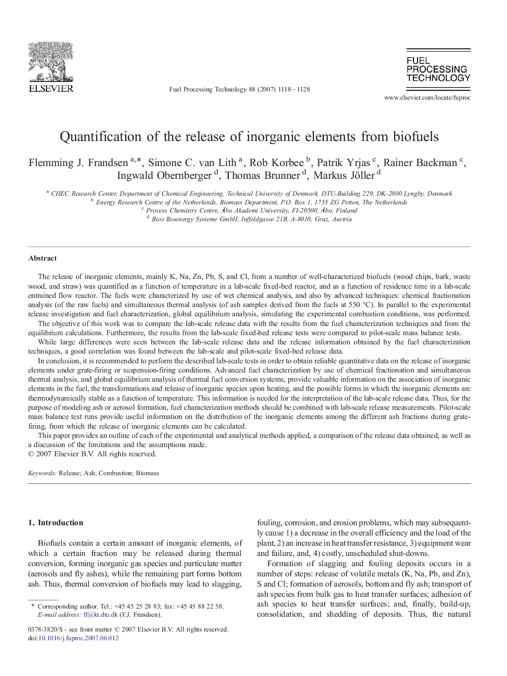 Quantification of the release of inorganic elements from biofuels