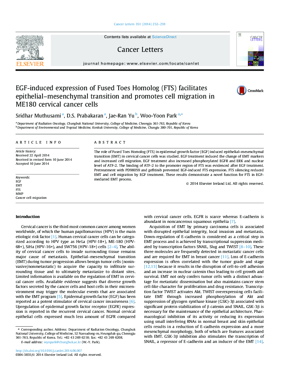 EGF-induced expression of Fused Toes Homolog (FTS) facilitates epithelial–mesenchymal transition and promotes cell migration in ME180 cervical cancer cells