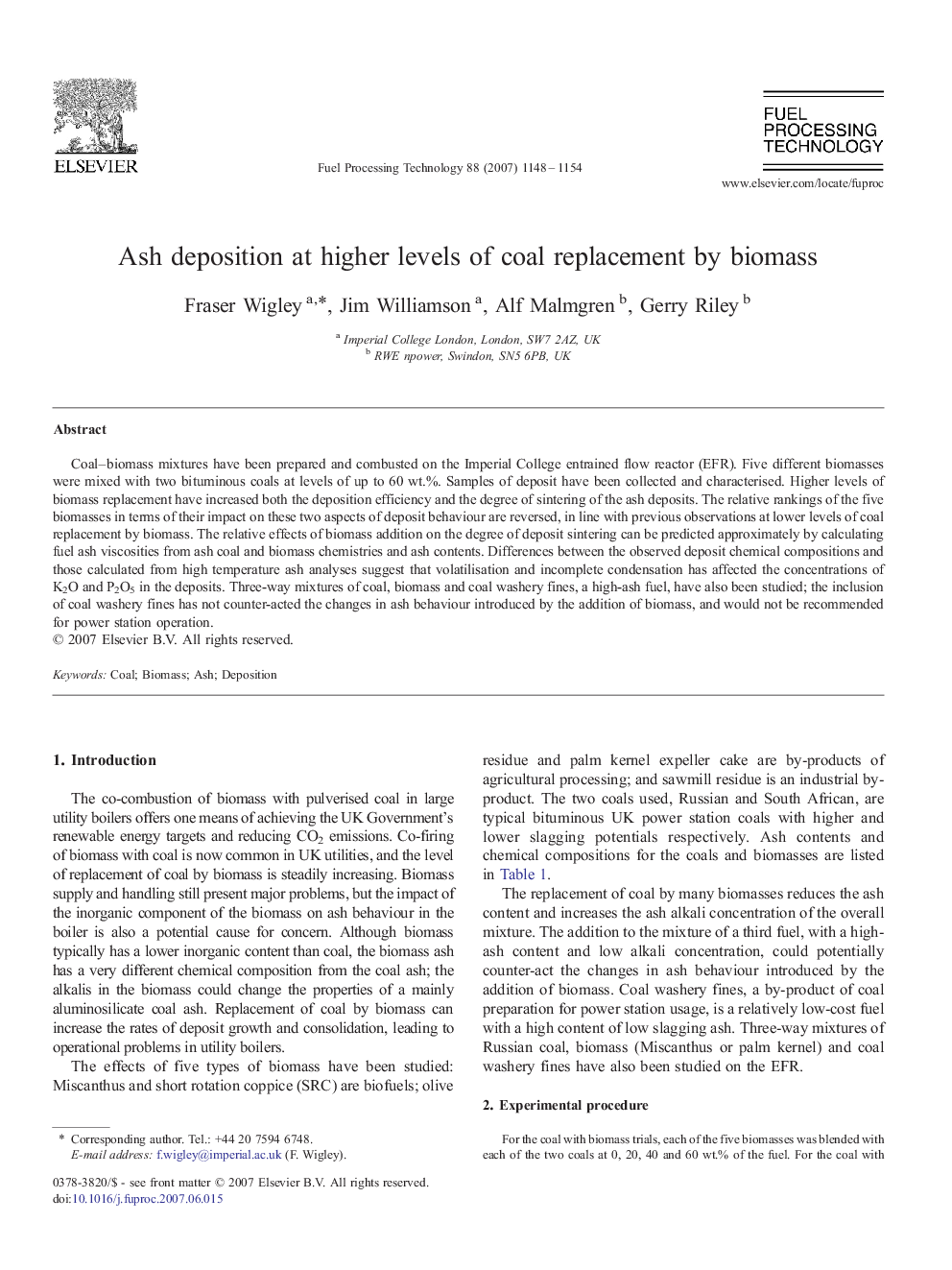 Ash deposition at higher levels of coal replacement by biomass