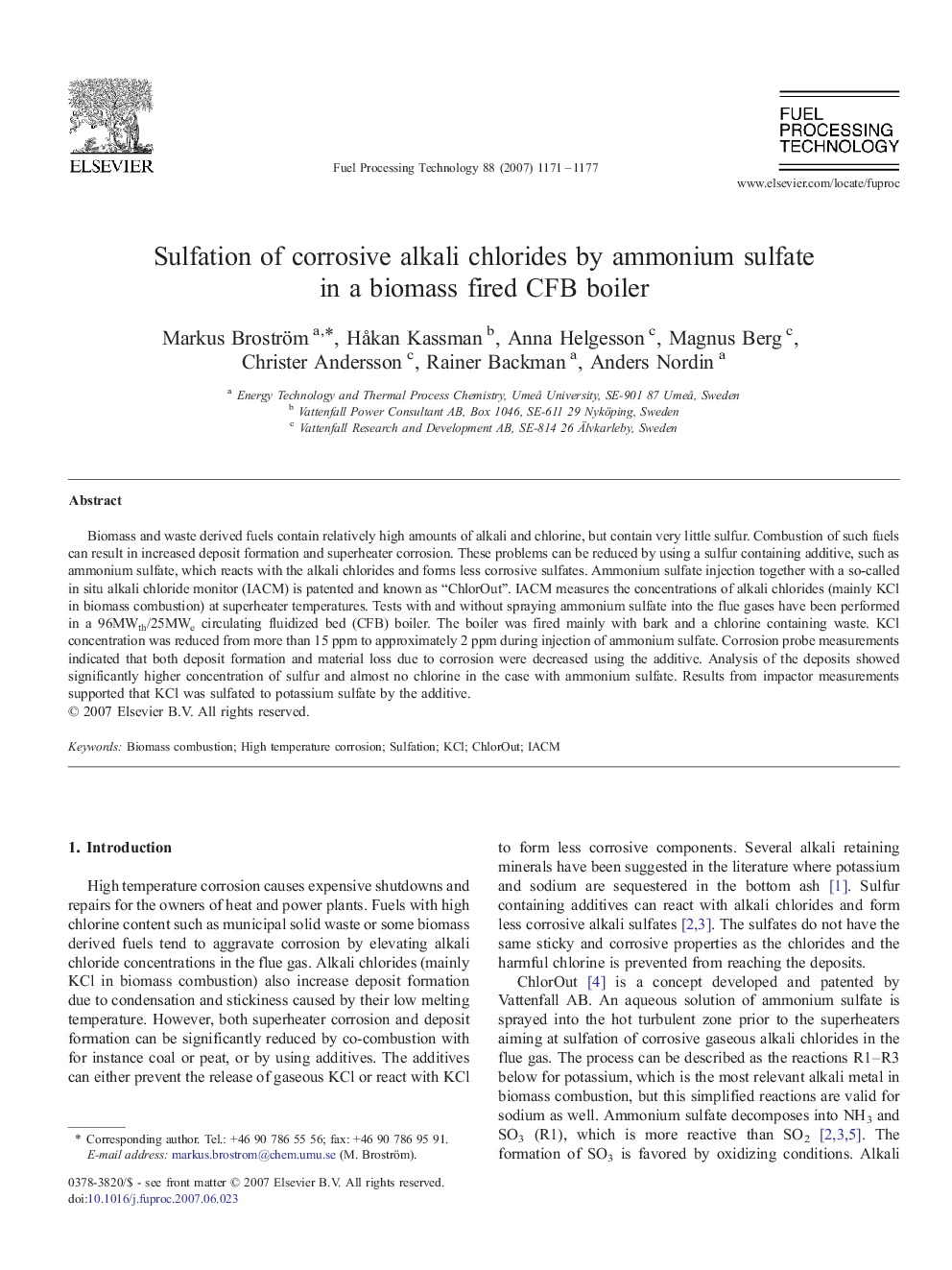 Sulfation of corrosive alkali chlorides by ammonium sulfate in a biomass fired CFB boiler