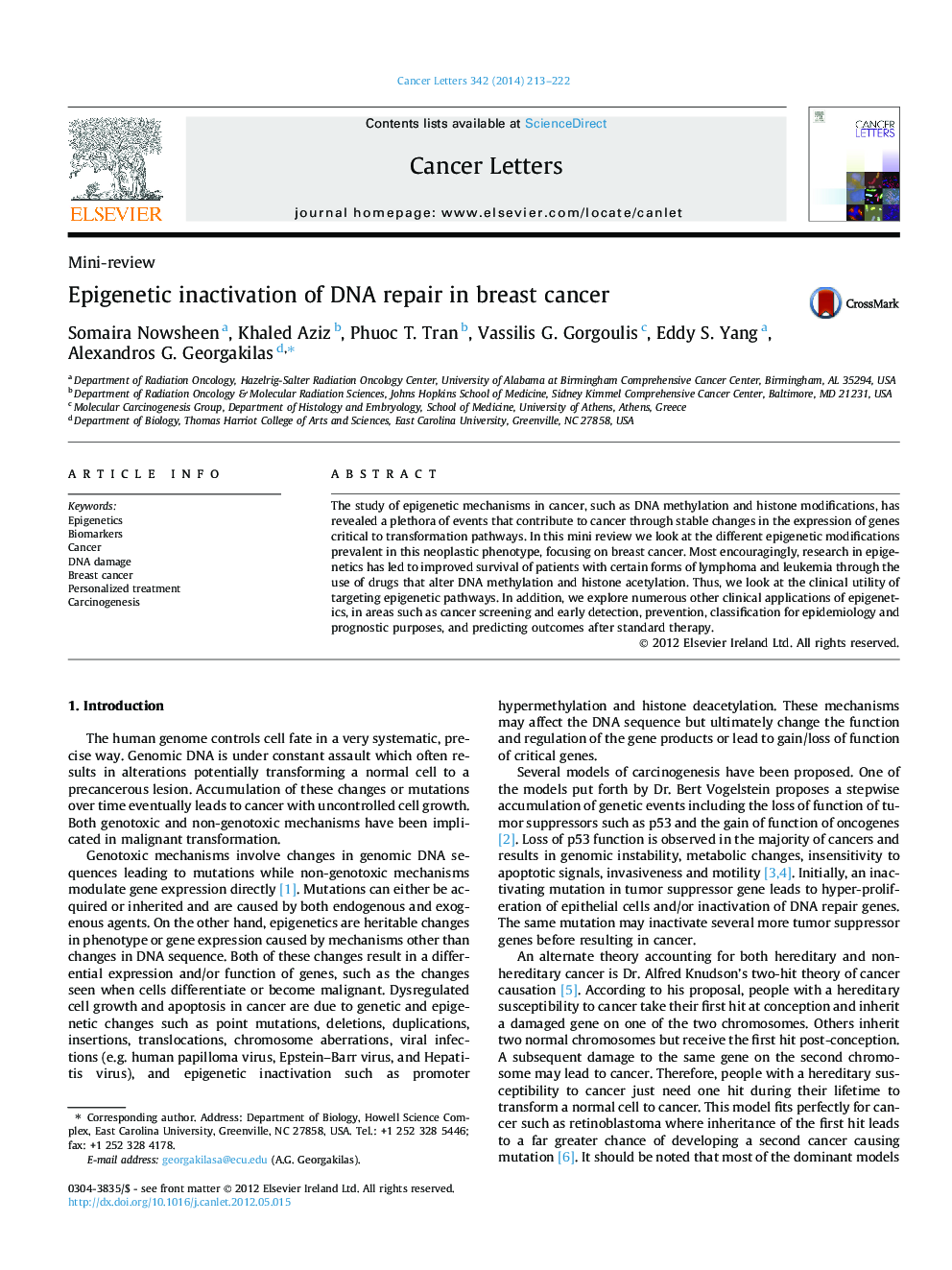 Epigenetic inactivation of DNA repair in breast cancer