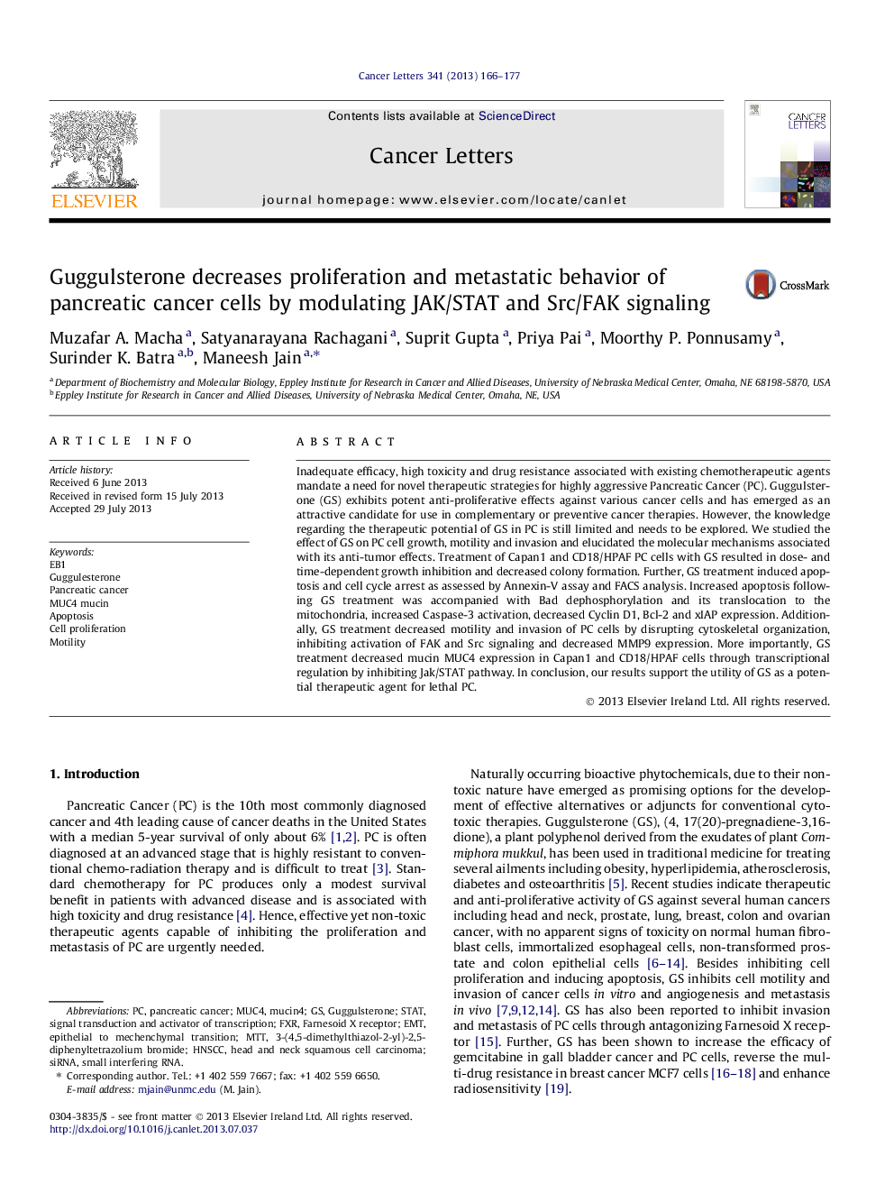 Guggulsterone decreases proliferation and metastatic behavior of pancreatic cancer cells by modulating JAK/STAT and Src/FAK signaling