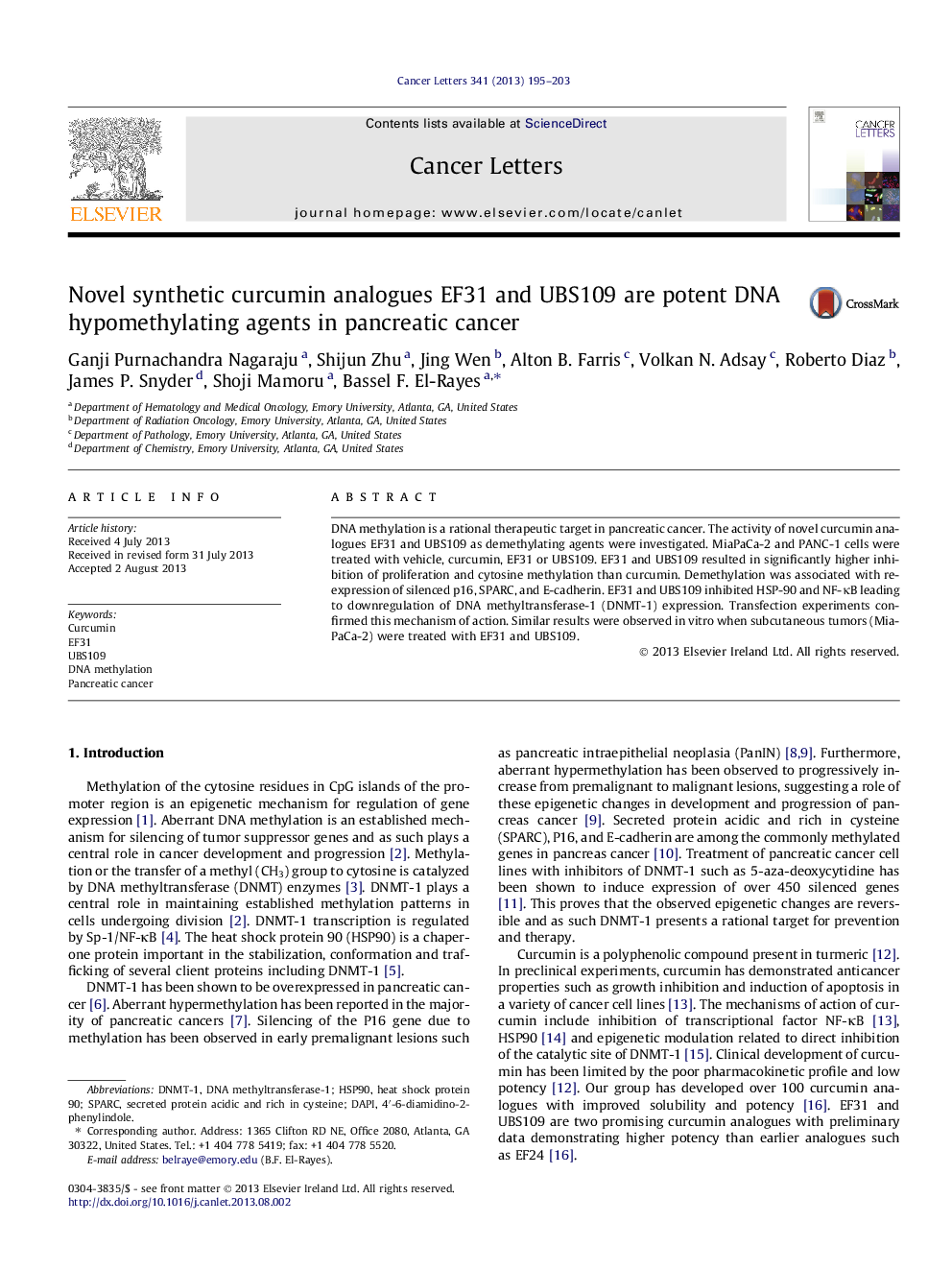 Novel synthetic curcumin analogues EF31 and UBS109 are potent DNA hypomethylating agents in pancreatic cancer